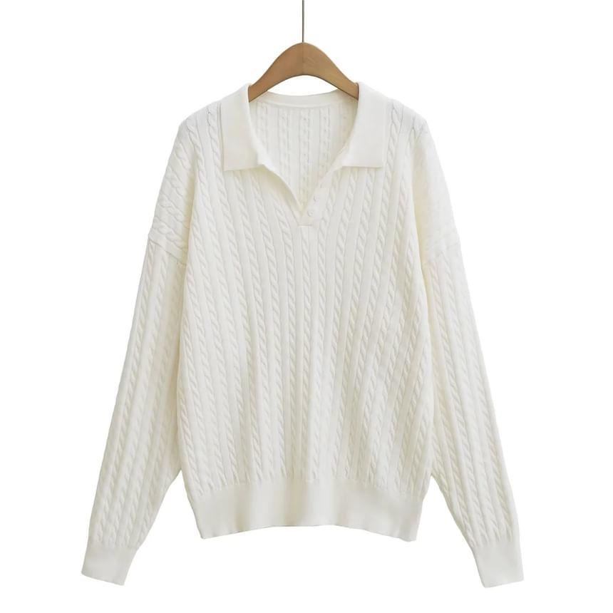 Polo Collared Plain Cable Knit Sweater Product Image