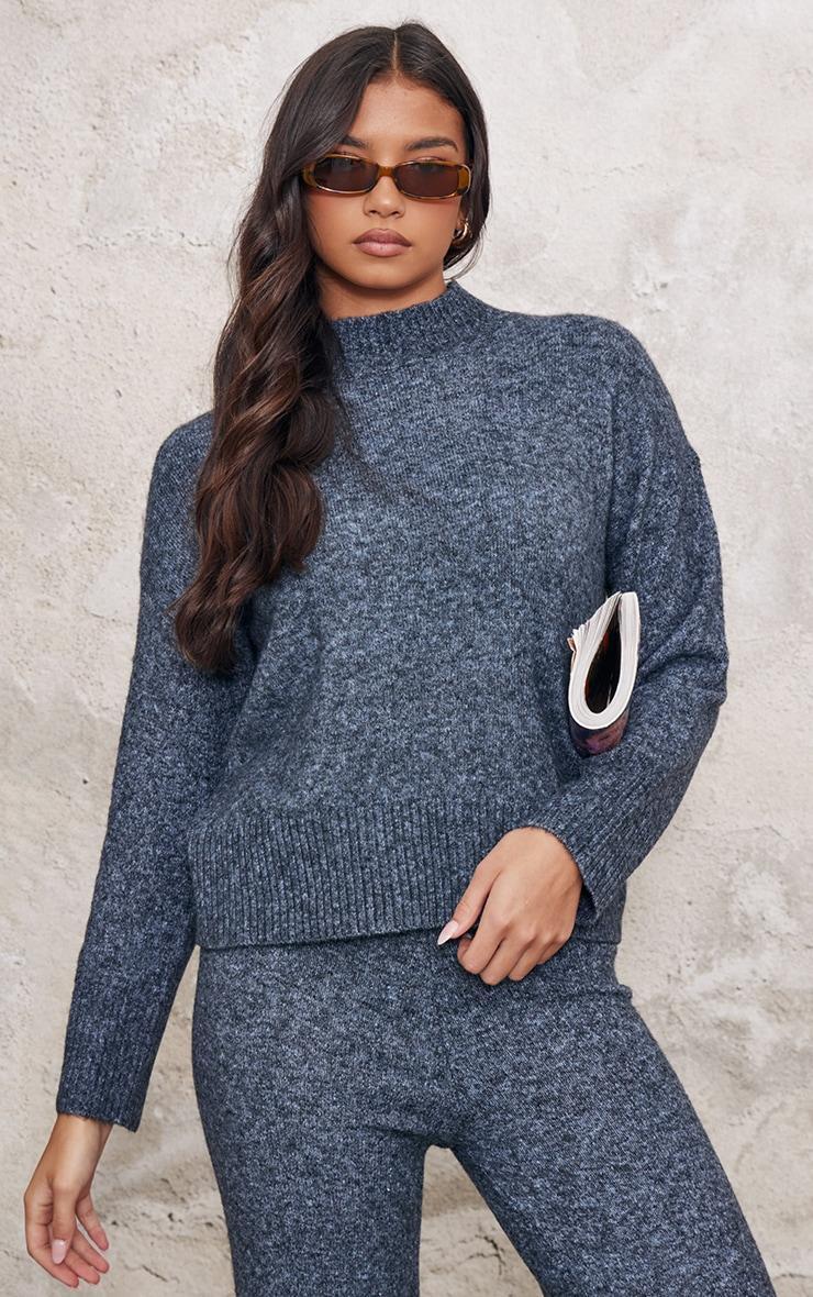  Charcoal Blue Luxe Knit High Neck Open Back Sweater Product Image