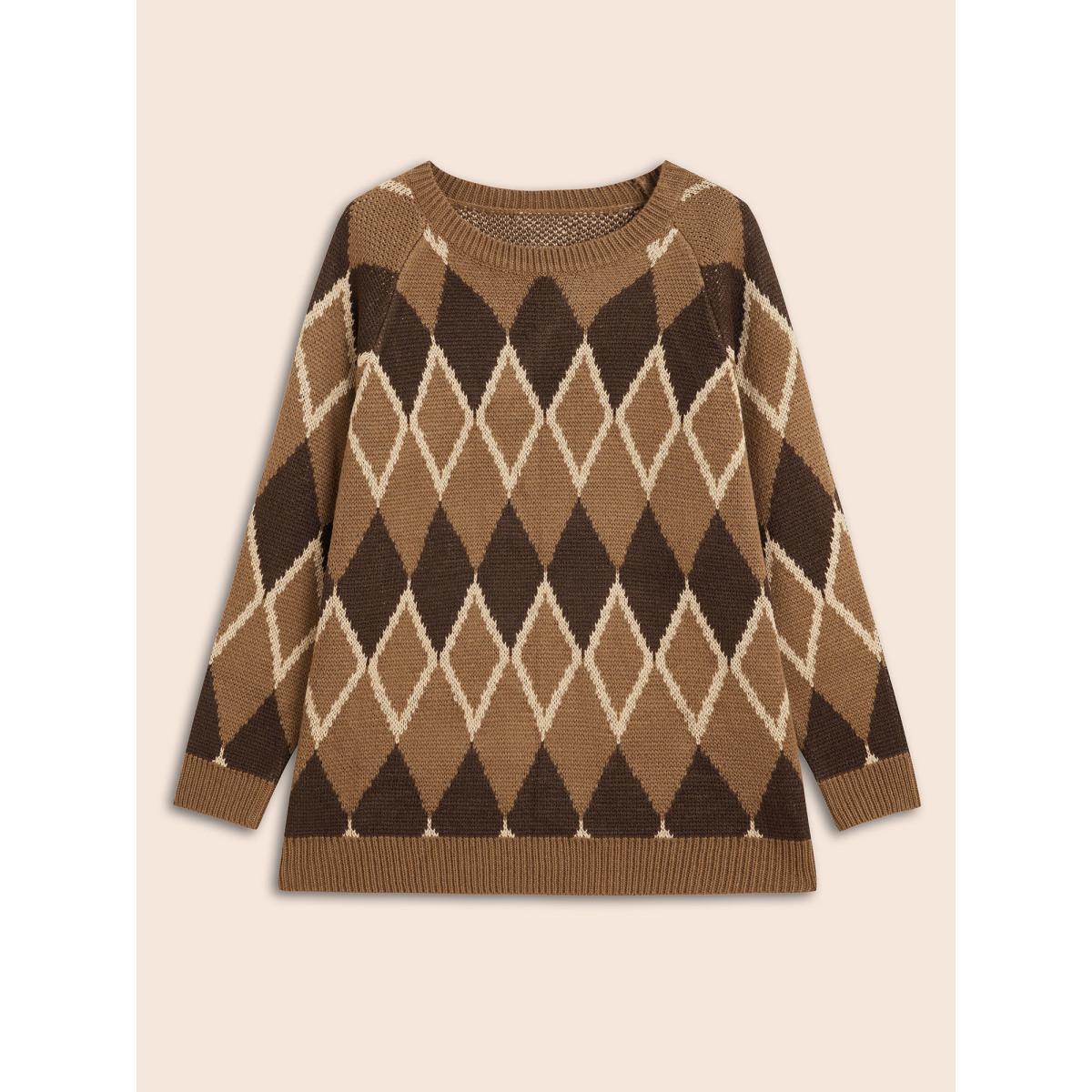 Plus Size Plaid Crew Neck Raglan Sleeve Cardigan Browncoffeecolor Women Casual Loose Long Sleeve Round Neck Everyday Pullovers BloomChic 30/6X Product Image