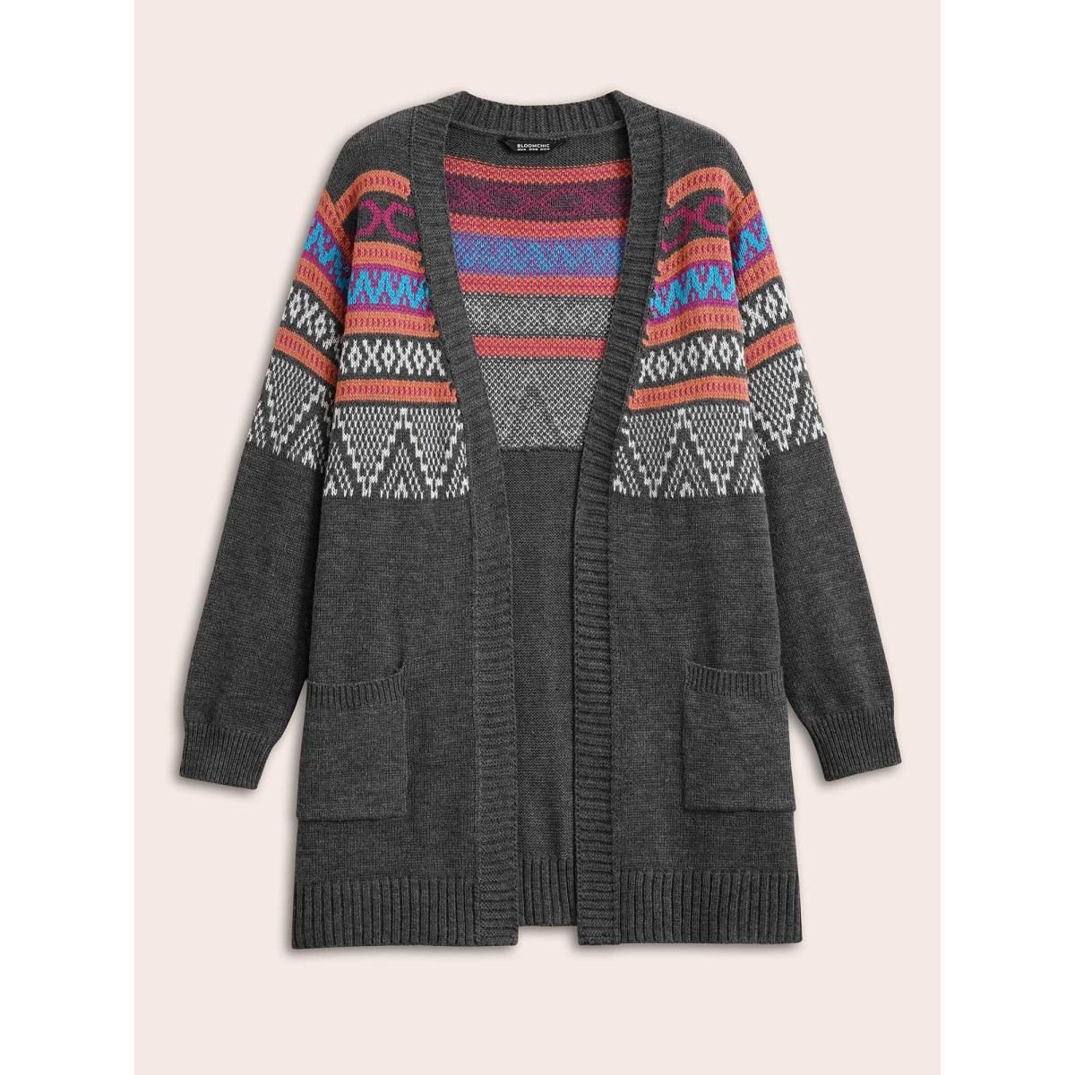 Plus Size Boho Contrast Jacquard Patched Pocket Cardigan Multicolor Women Casual Loose Long Sleeve Dailywear Cardigans BloomChic 30/6X Product Image