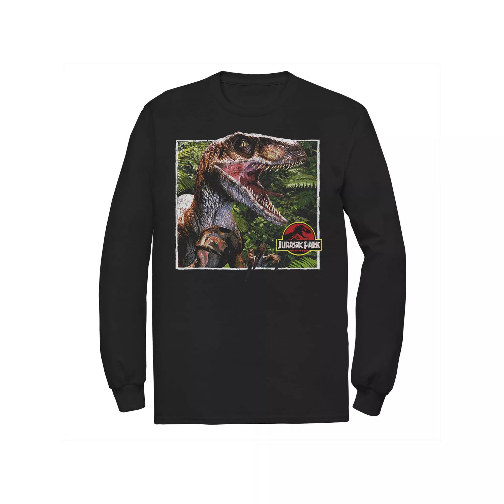 Men's Jurassic Park Raptor Coming Out Of Forest Long Sleeve Tee, Size: XXL, Blue Product Image