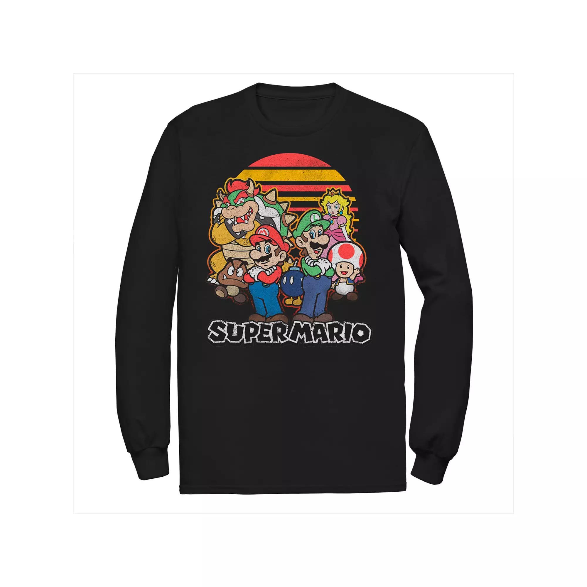 Men's Super Mario Retro Sunset Group Shot Long Sleeve Tee, Size: 3XL Tall, Black Product Image