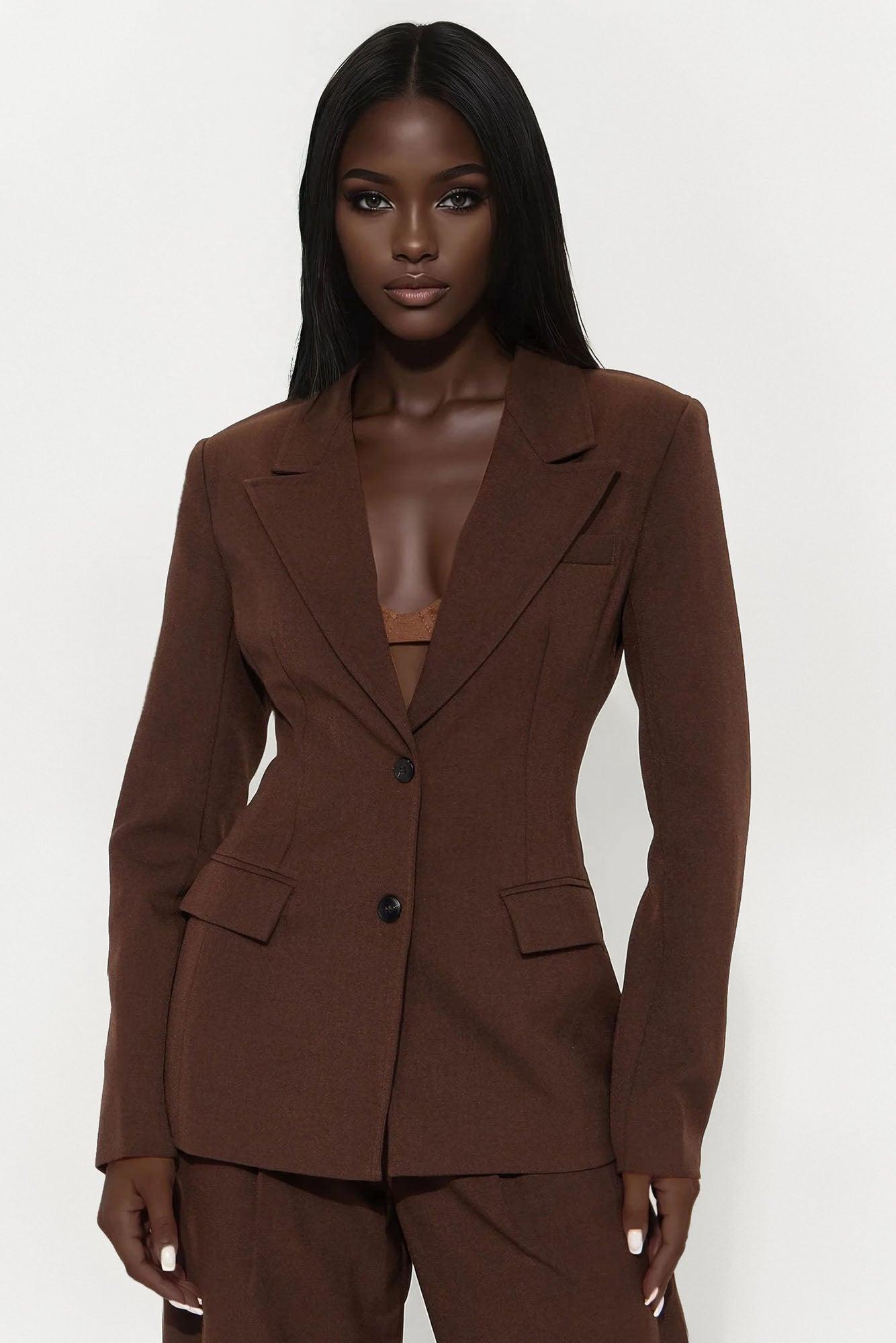 Going Forward Fitted Waist Blazer Pant Set - Brown Product Image