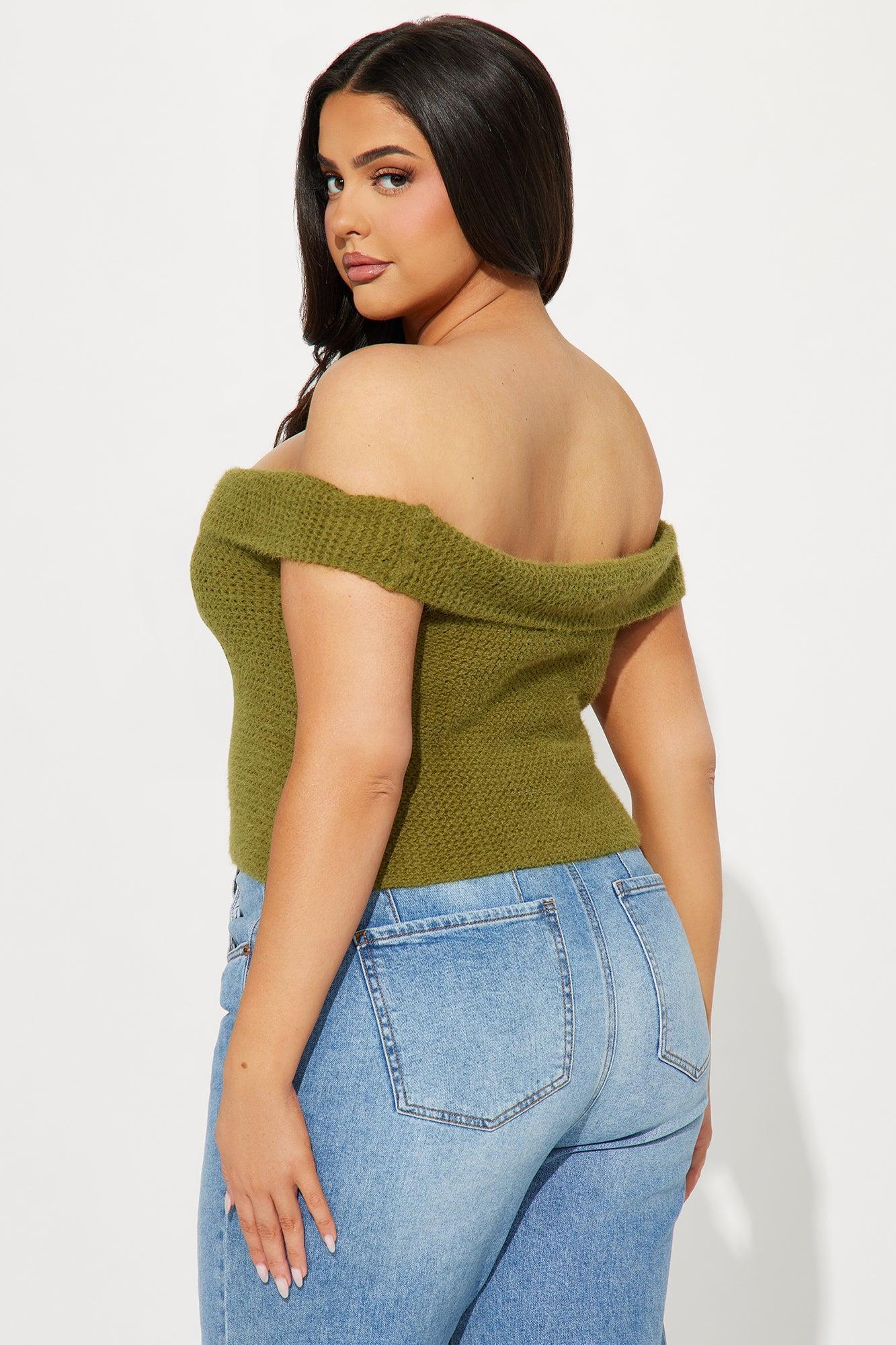 In Too Deep Off Shoulder Sweater Top - Olive Product Image