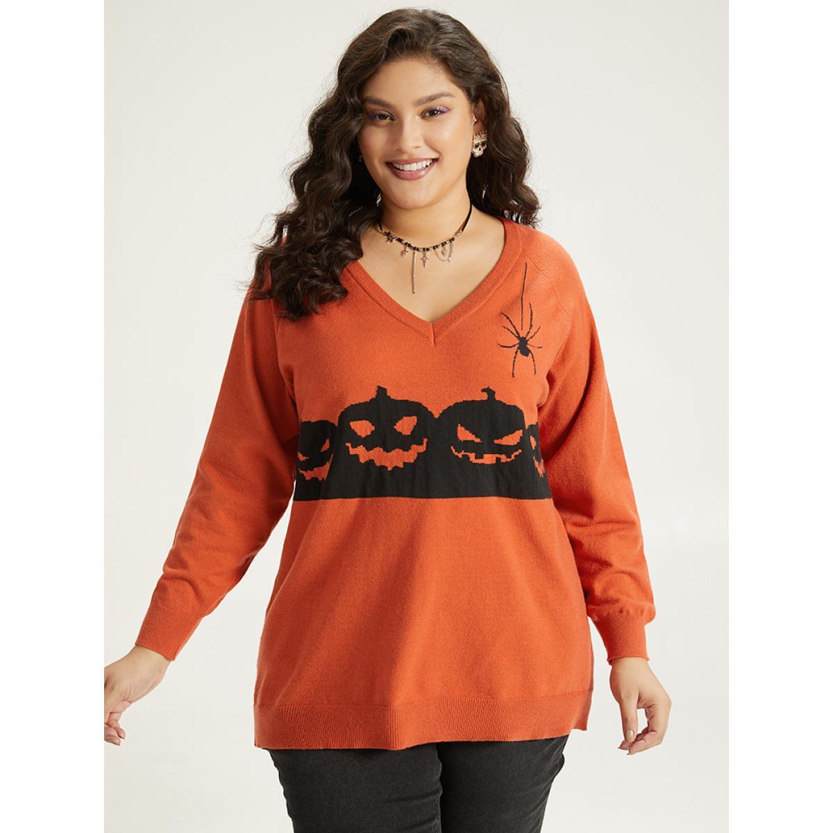 Plus Size Halloween Graphic Pumpkin V Neck Pullover OrangeRed Women Casual Loose Long Sleeve V-neck Dailywear Pullovers BloomChic 26/4X Product Image