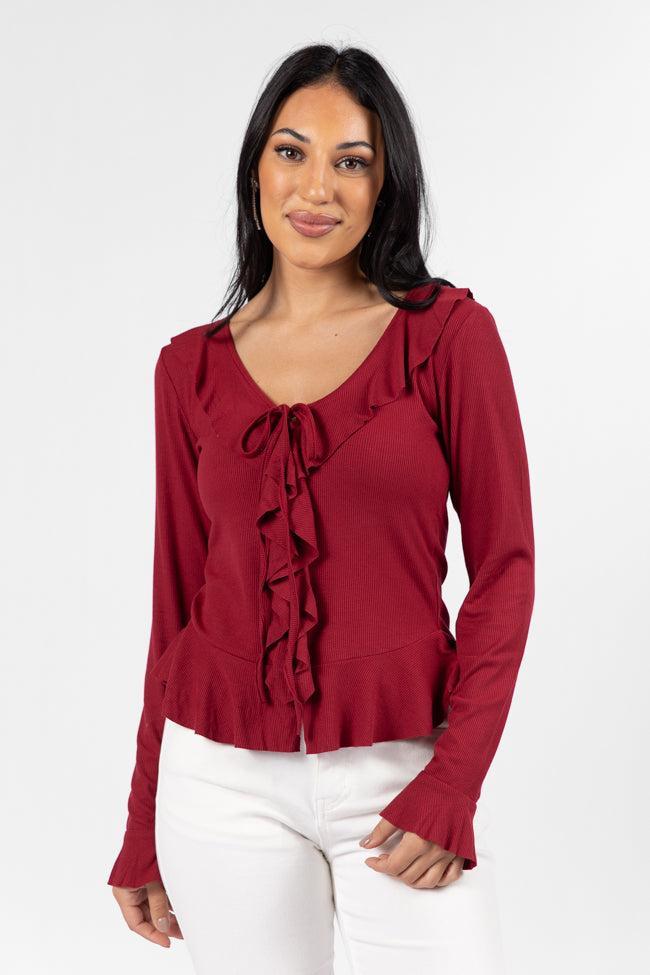 Treat You The Same Wine Ruffle Detail Ribbed Blouse FINAL SALE Product Image