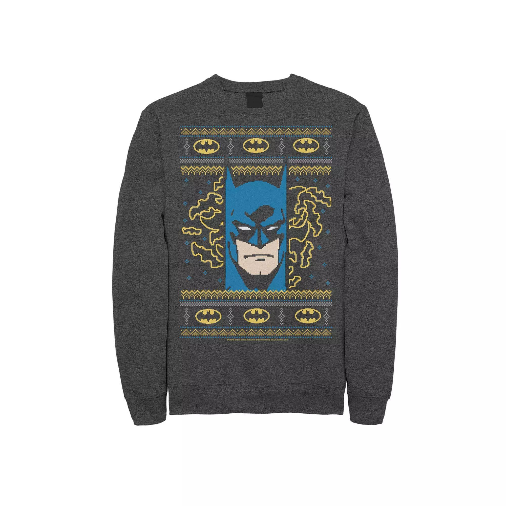 Men's DC Comics Batman Face Christmas Sweater Style Sweatshirt, Size: Medium, Grey Heather Product Image