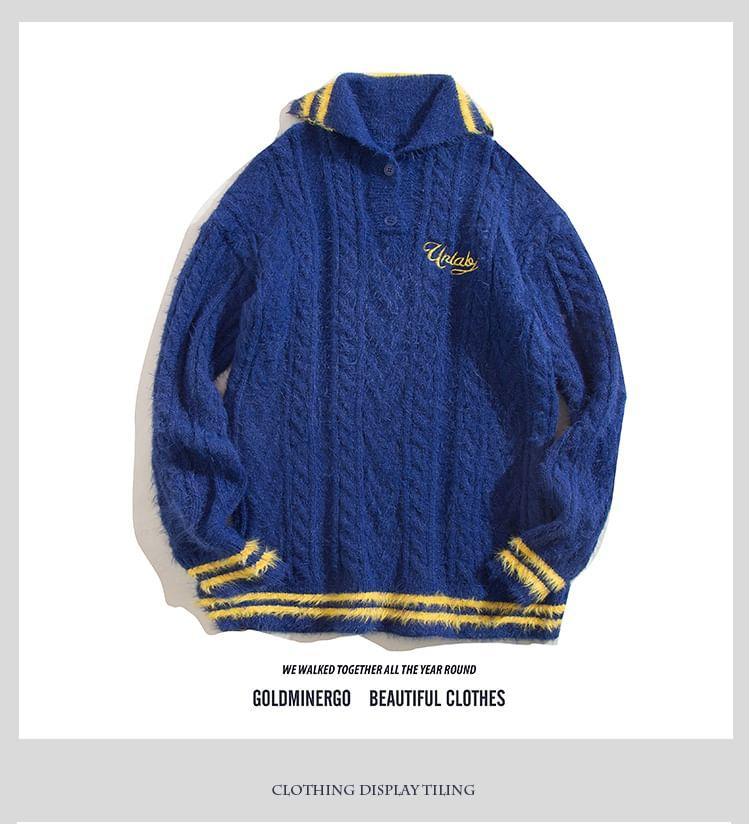 Half Buttoned High Neck Cable Knit Sweater Product Image