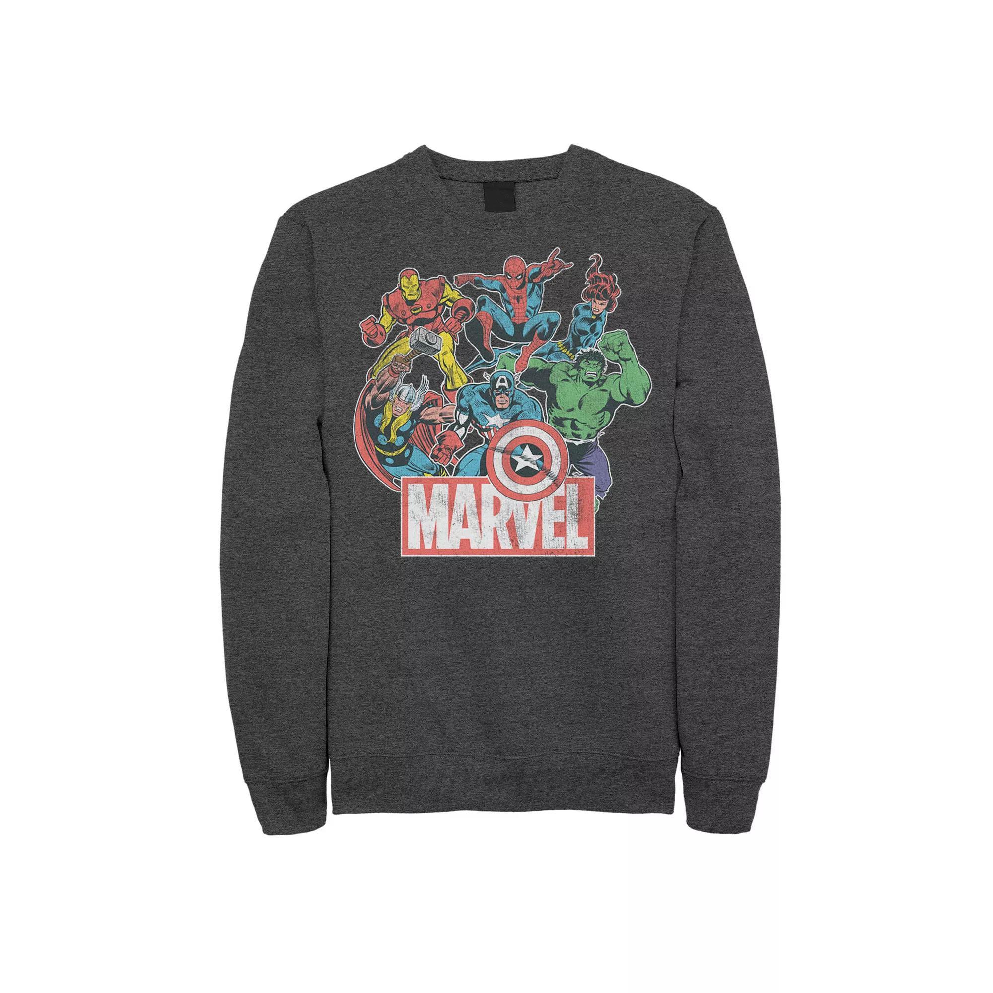 Mens Marvel Avengers Team Retro Comic Vintage Graphic Fleece Pullover Grey Heather Product Image
