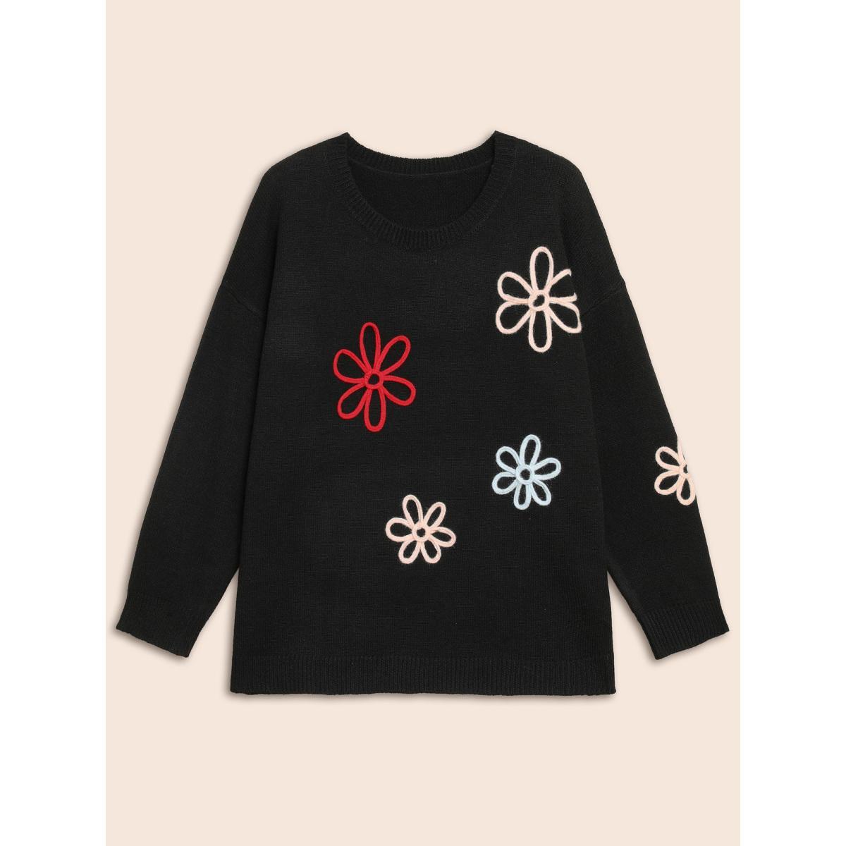 Plus Size Crochet Floral Crew Neck Pullover Black Women Casual Loose Long Sleeve Round Neck Everyday Pullovers BloomChic 30/6X Product Image