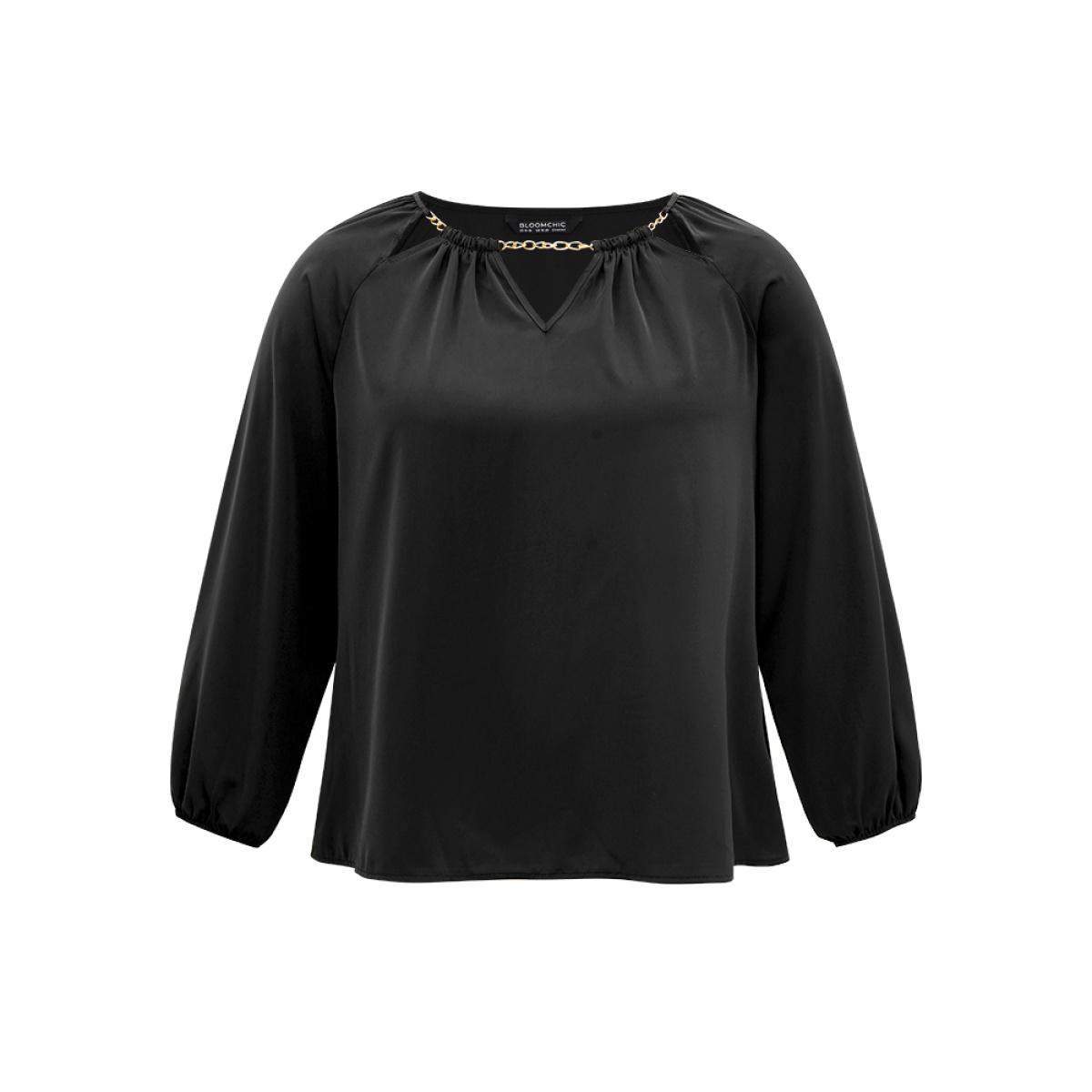 Plus Size Black Static-Free Chain Detail Cut Out Raglan Sleeve Blouse Women Office Long Sleeve Round Neck Work Blouses BloomChic 14-16/1X Product Image