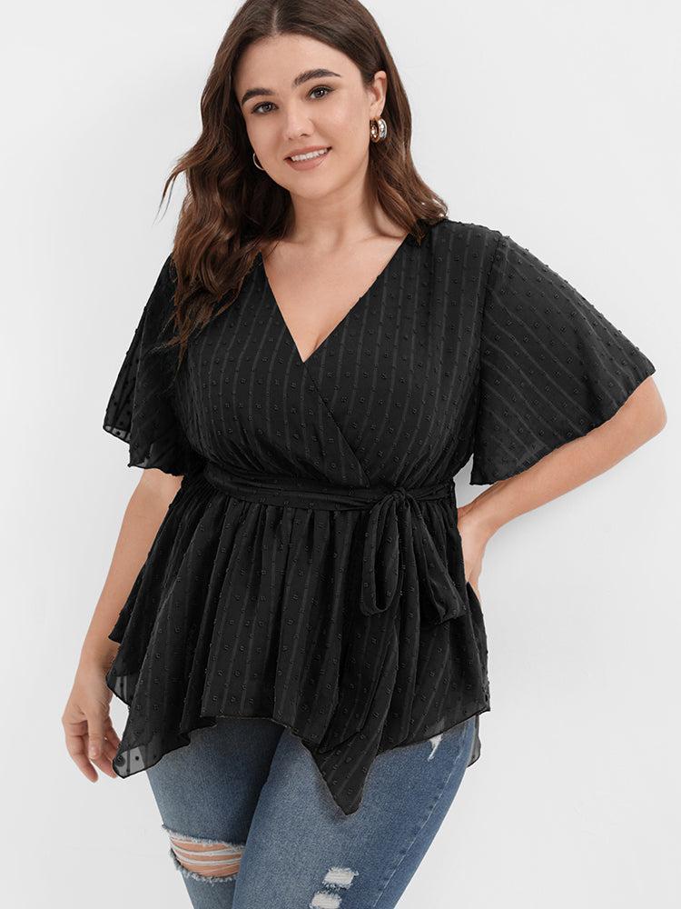 Solid Embroidered Asymmetrical Ruffled Belted Wrap Blouse Female Product Image