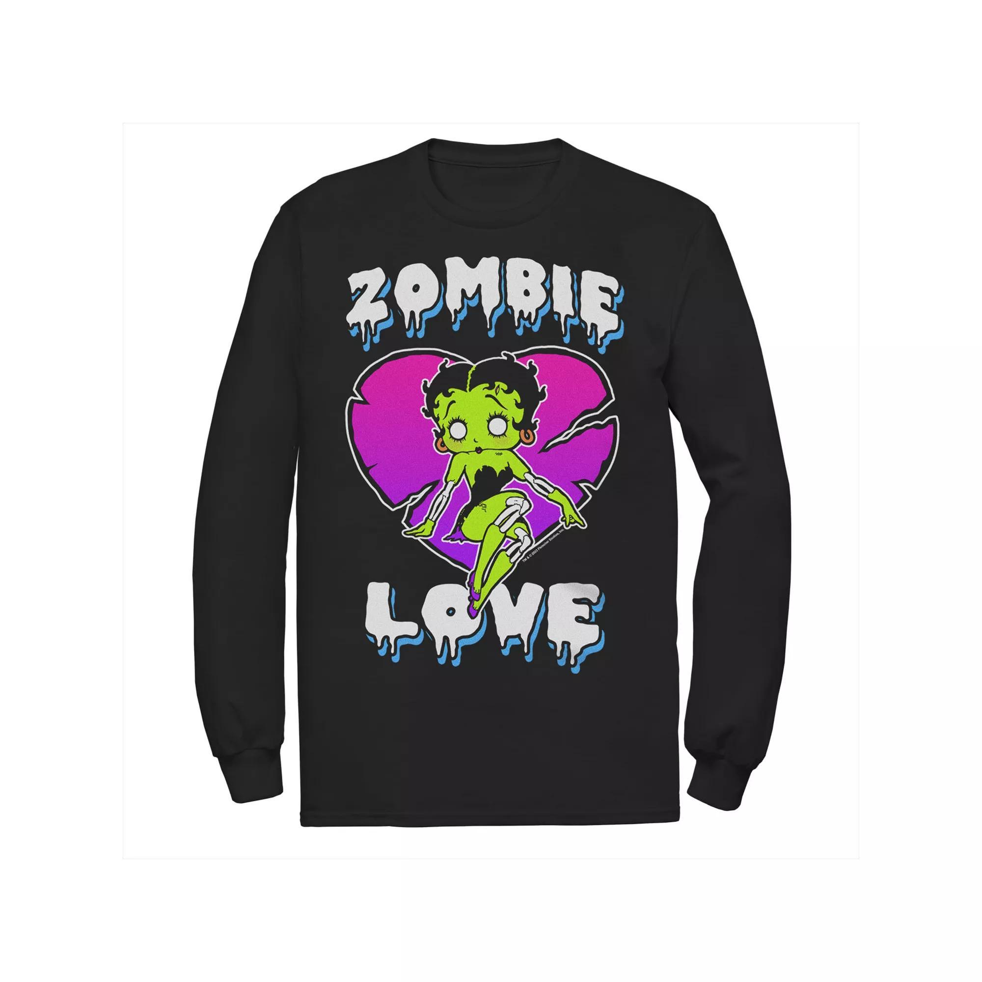Men's Betty Boop Halloween Zombie Love Heart Neon Long Sleeve Graphic Tee, Size: Medium, Black Product Image