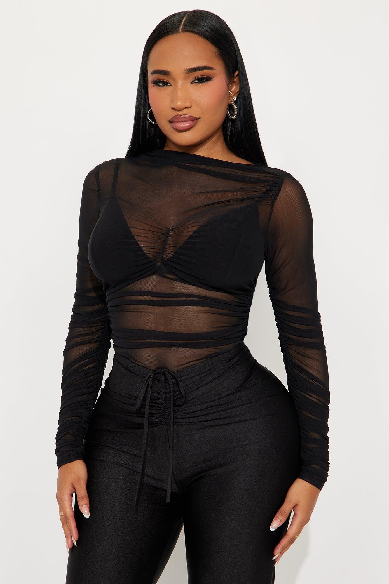 Power Trip Ruched Off Shoulder Mesh Bodysuit - Black Product Image