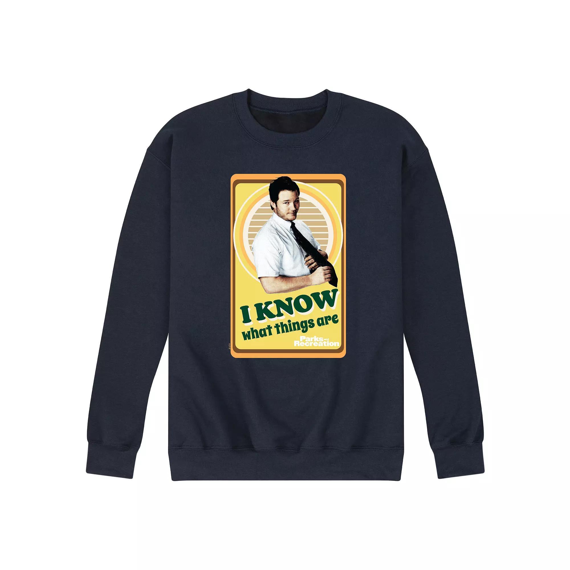 Mens Parks And Recs I Know What Things Fleece Sweatshirt Athletic Grey Product Image