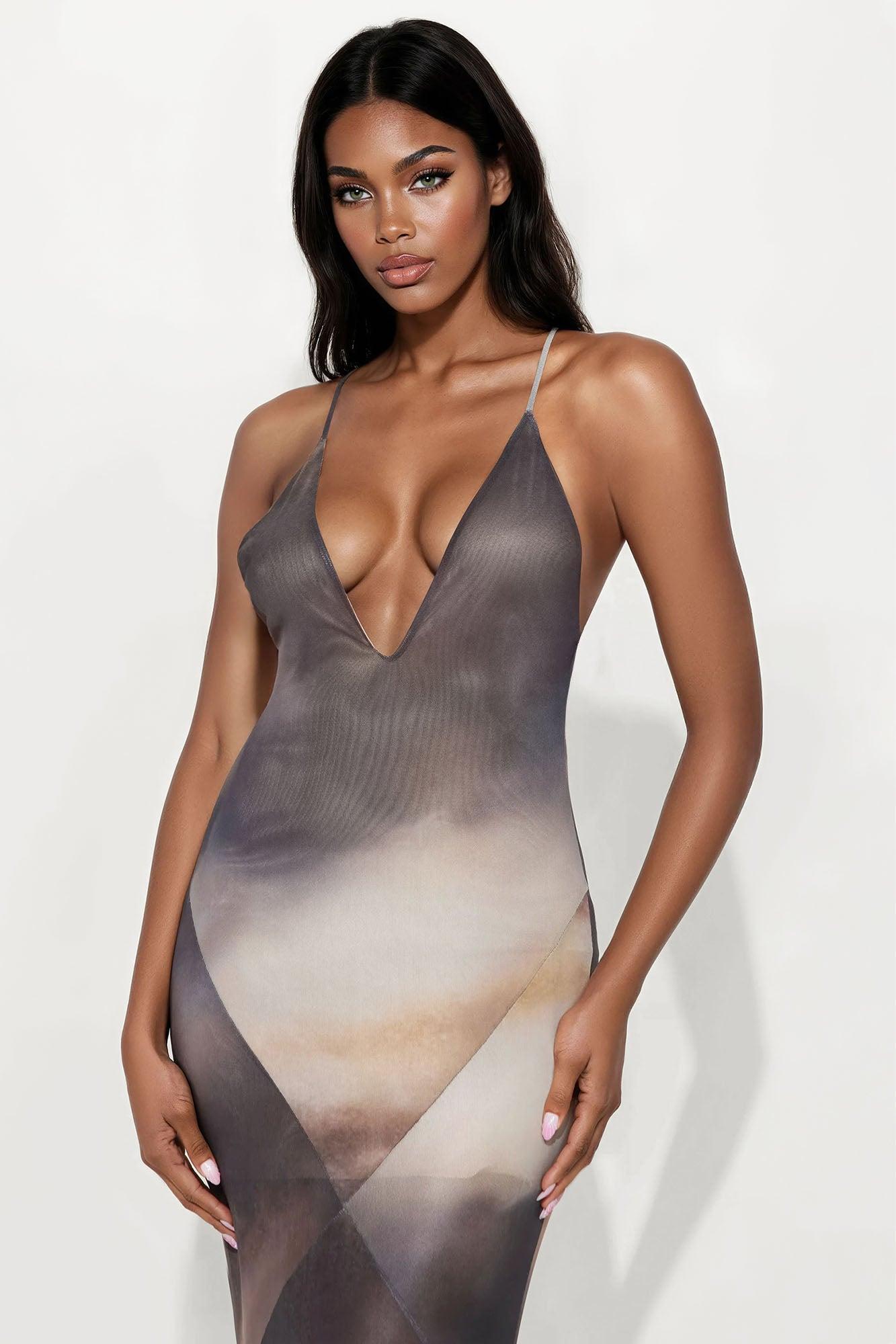 Marissa Mesh Sheer Backless Maxi Dress - Brown/combo Product Image
