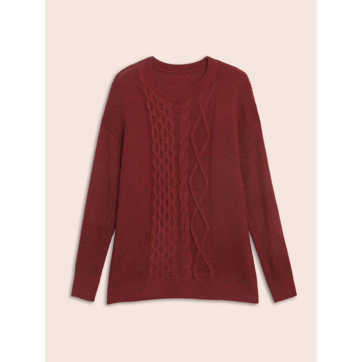 Plus Size Texture Cable Knit Drop Shoulder Pullover Burgundy Women Casual Loose Long Sleeve Round Neck Everyday Pullovers BloomChic 12/L Product Image
