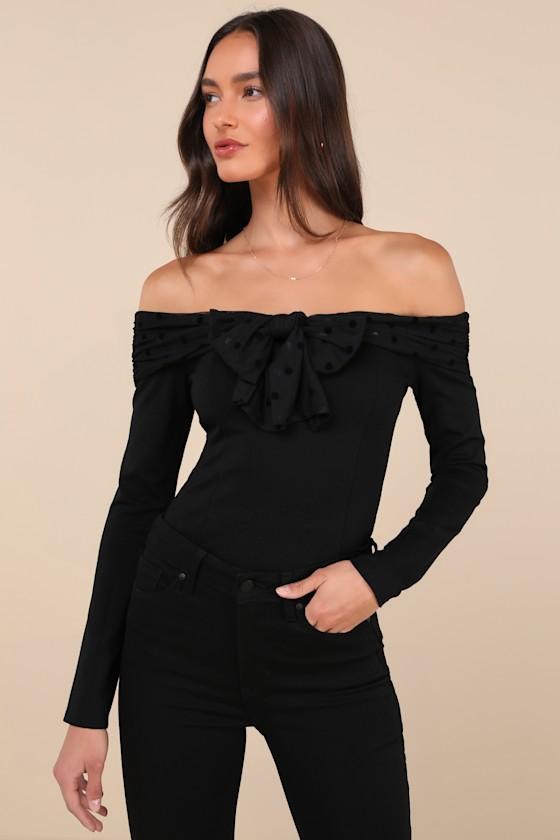 Major Charisma Black Off-the-Shoulder Bow Long Sleeve Top Product Image