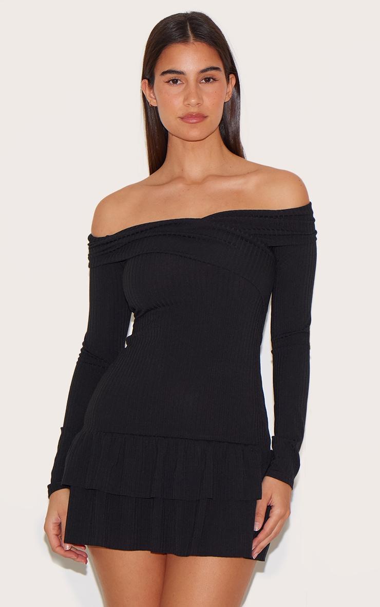 Black Ribbed Bardot Cross Over Bust Detail Shift Dress Product Image