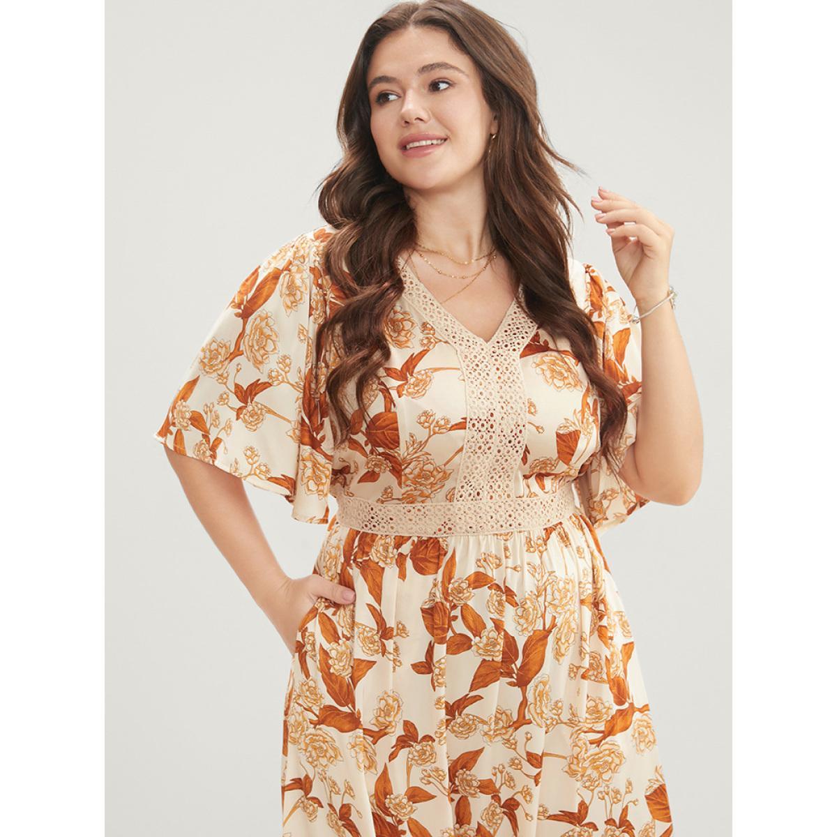 Plus Size Floral Printed Crochet Lace Pocket Flutter Maxi Dress Chocolate Women Elegant Gathered V-neck Half Sleeve Curvy Long Dress BloomChic 30/6X Product Image