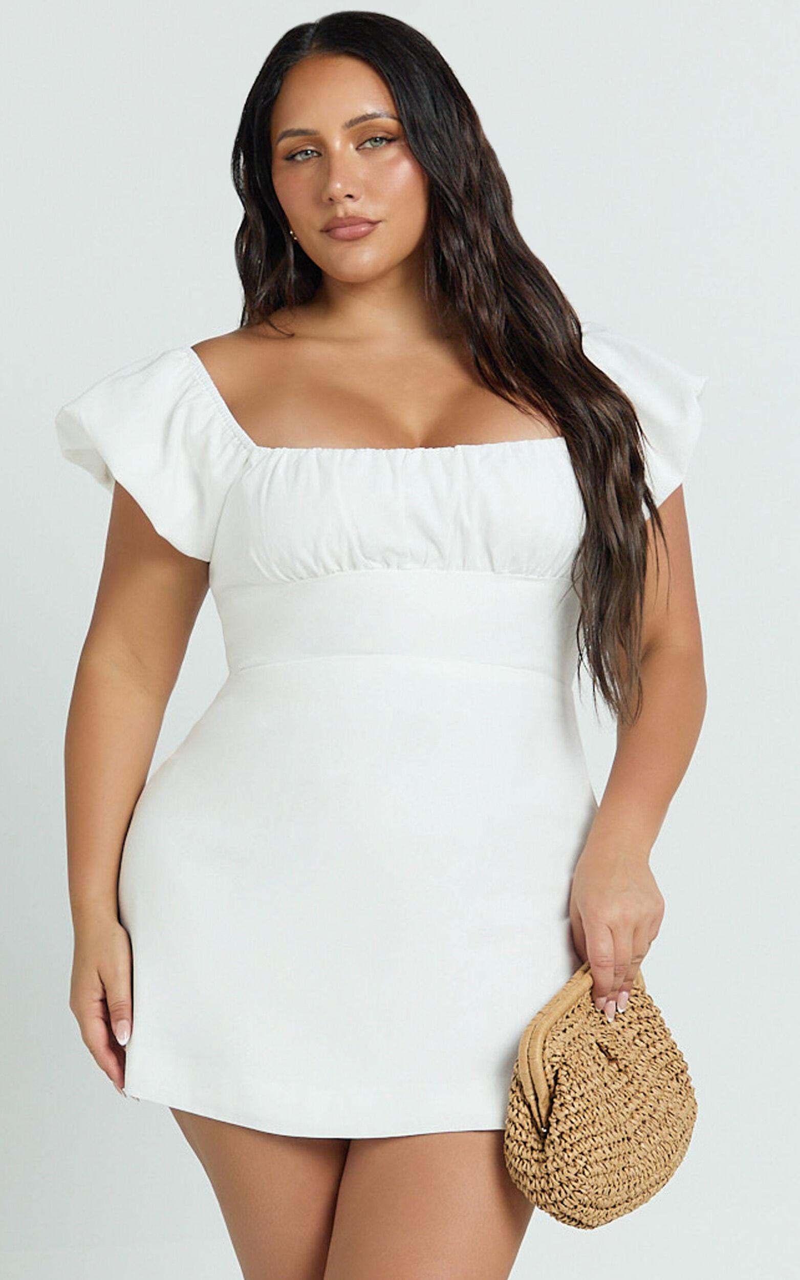 Ginny Mini Dress - Square Neck Ruched Bodice Puff Sleeve Straight Dress in White Product Image