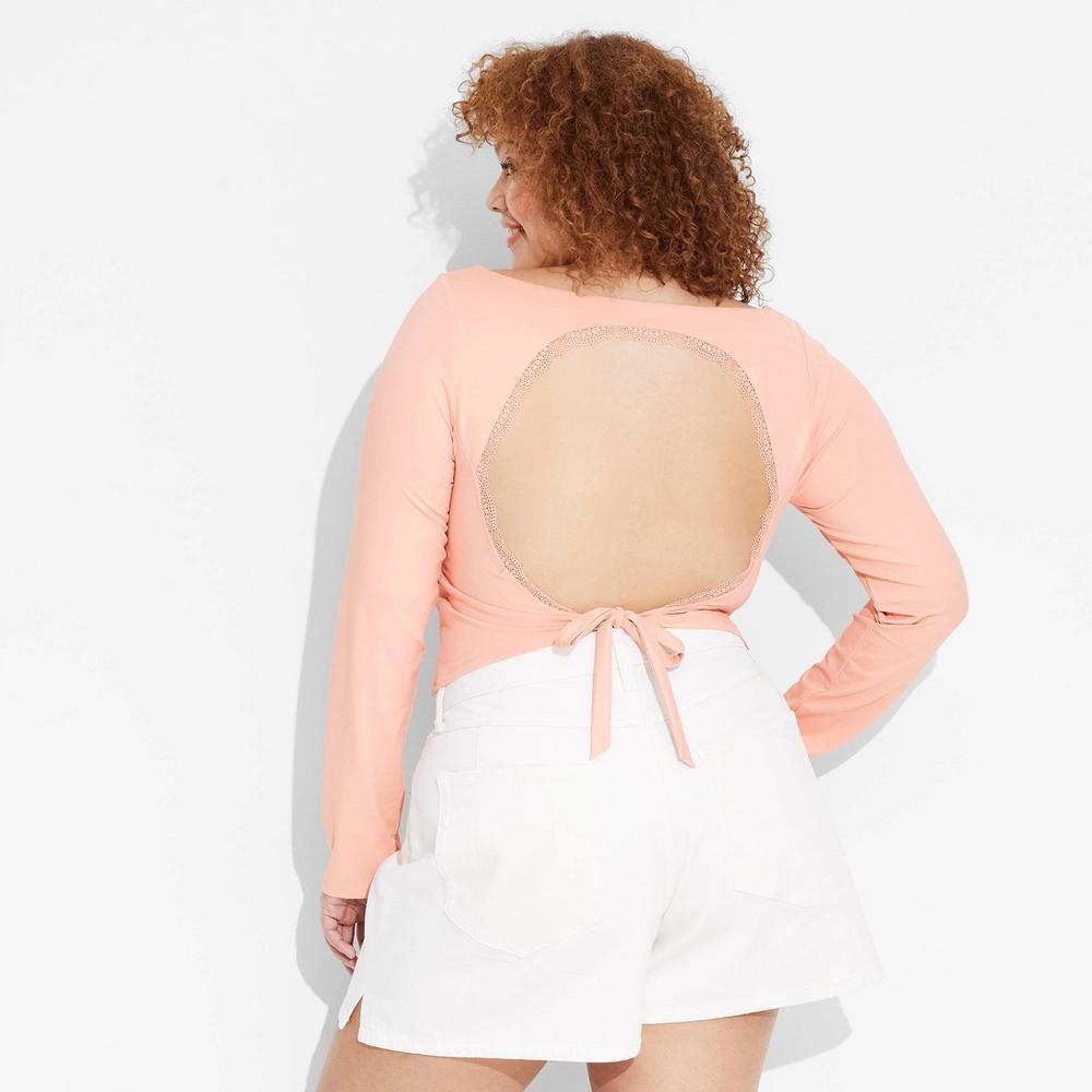 Womens Long Sleeve Lace Trim Open Back Top - Wild Fable Peach Orange Product Image