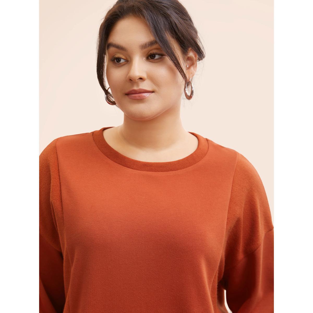 Plus Size Round Neck Patchwork Drop Shoulder Sweatshirt Women Rust Casual Patchwork Round Neck Everyday Sweatshirts BloomChic 26/4X Product Image