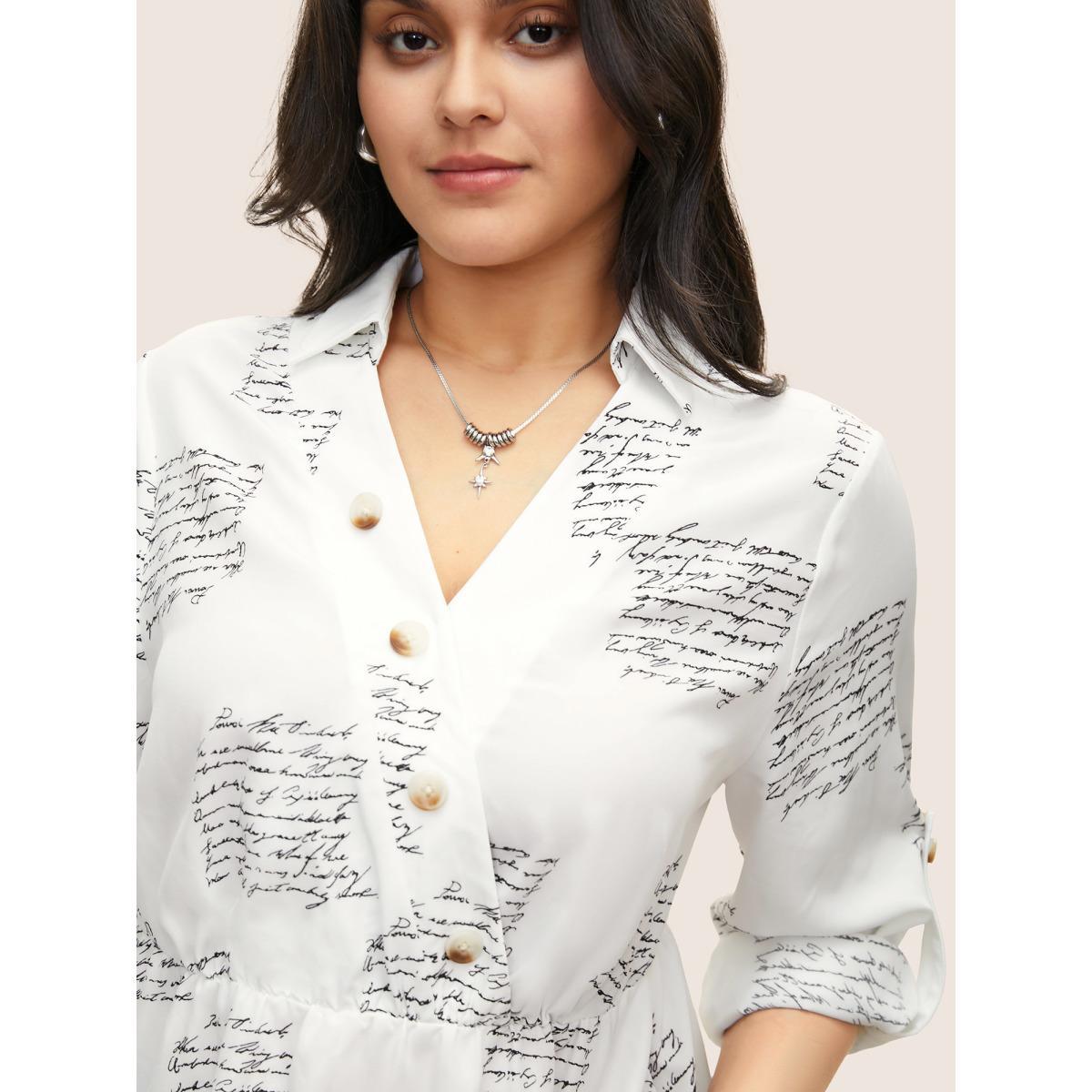 Plus Size White Letter Elastic Waist Button Detail Blouse Women At the Office Long Sleeve V-neck Work Blouses BloomChic 18-20/2X Product Image