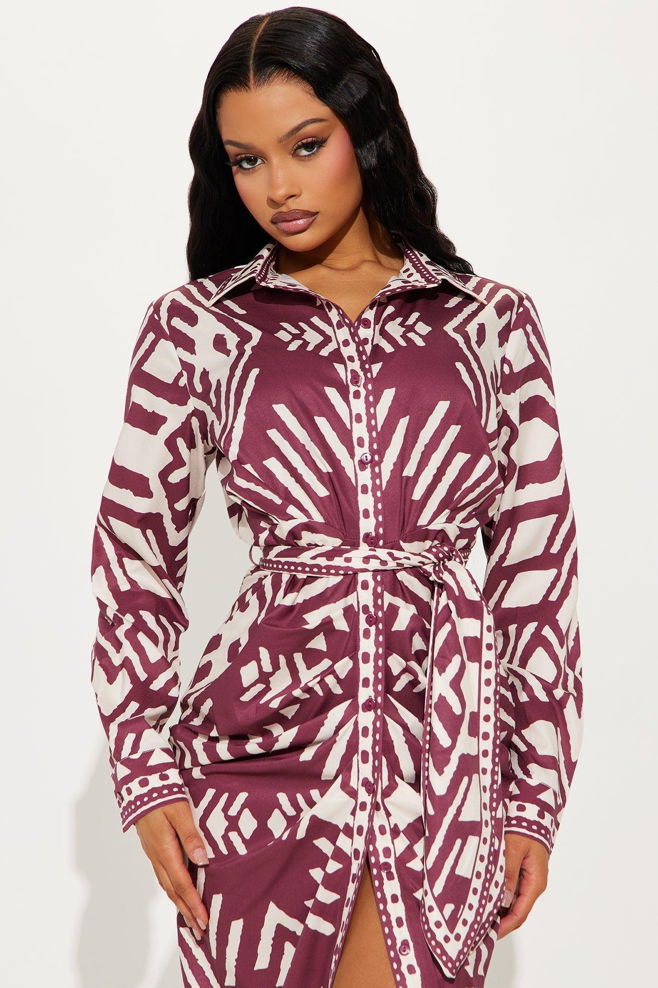 Top Destination Satin Shirt Midi Dress - Burgundy Product Image