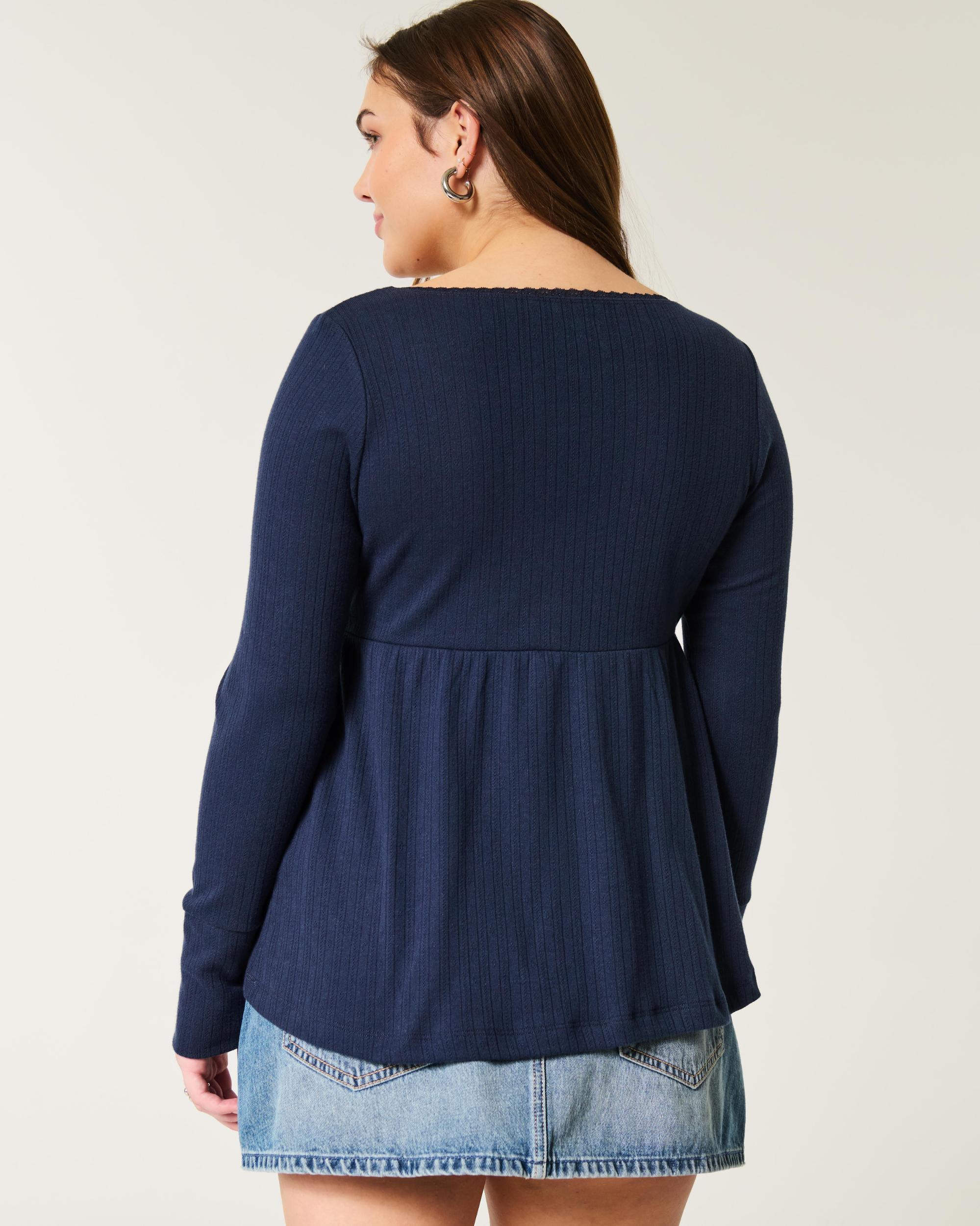 Easy Long-Sleeve Pointelle Babydoll Top Product Image