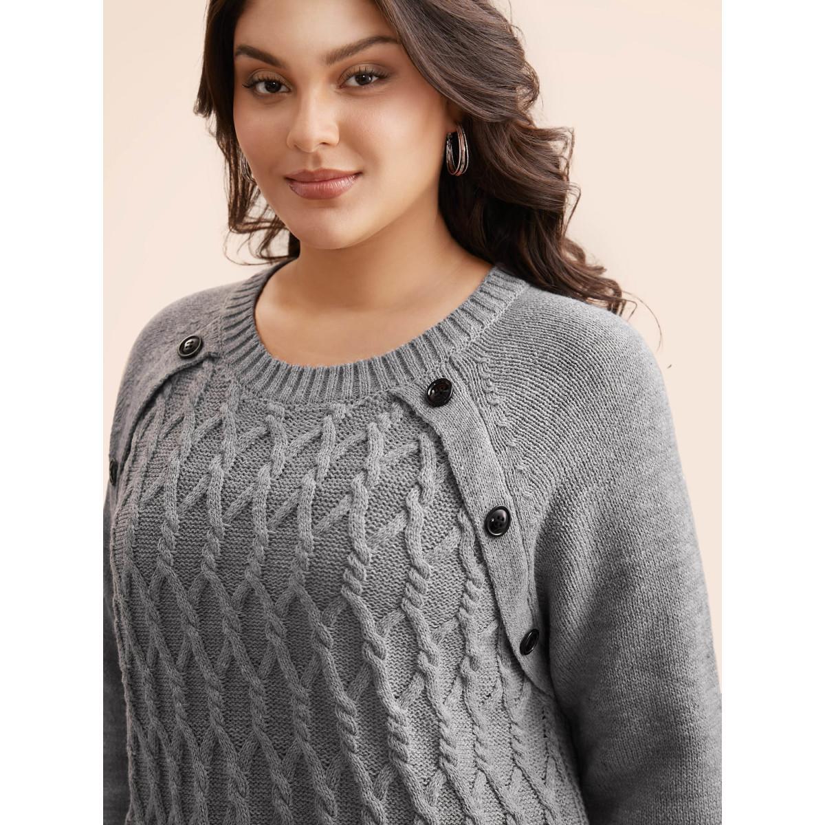 Plus Size Texture Cable Knit Button Detail Pullover Mediumgray Women Casual Loose Long Sleeve Round Neck Everyday Pullovers BloomChic 26/4X Product Image