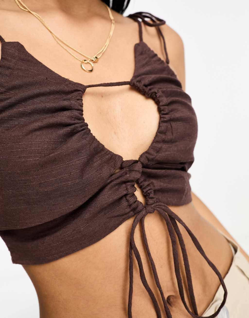 ASOS DESIGN ruched keyhole strappy crop top with tie shoulder detail Product Image
