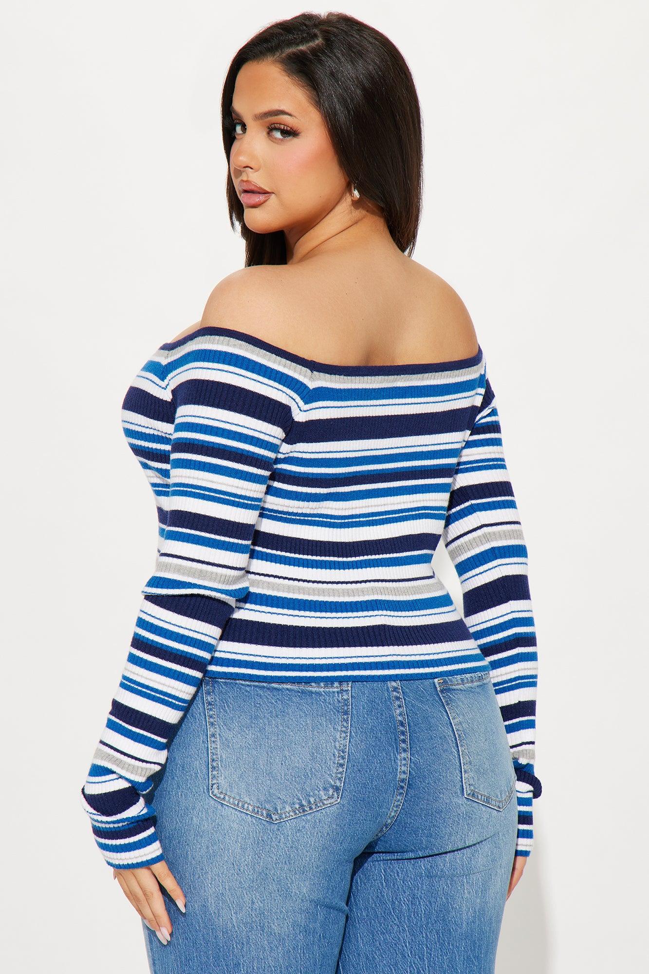 Madisyn Off Shoulder Striped Sweater - Navy/combo Product Image