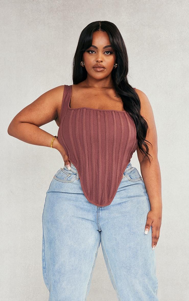 Plus Brown Textured Boned Corset Top Product Image