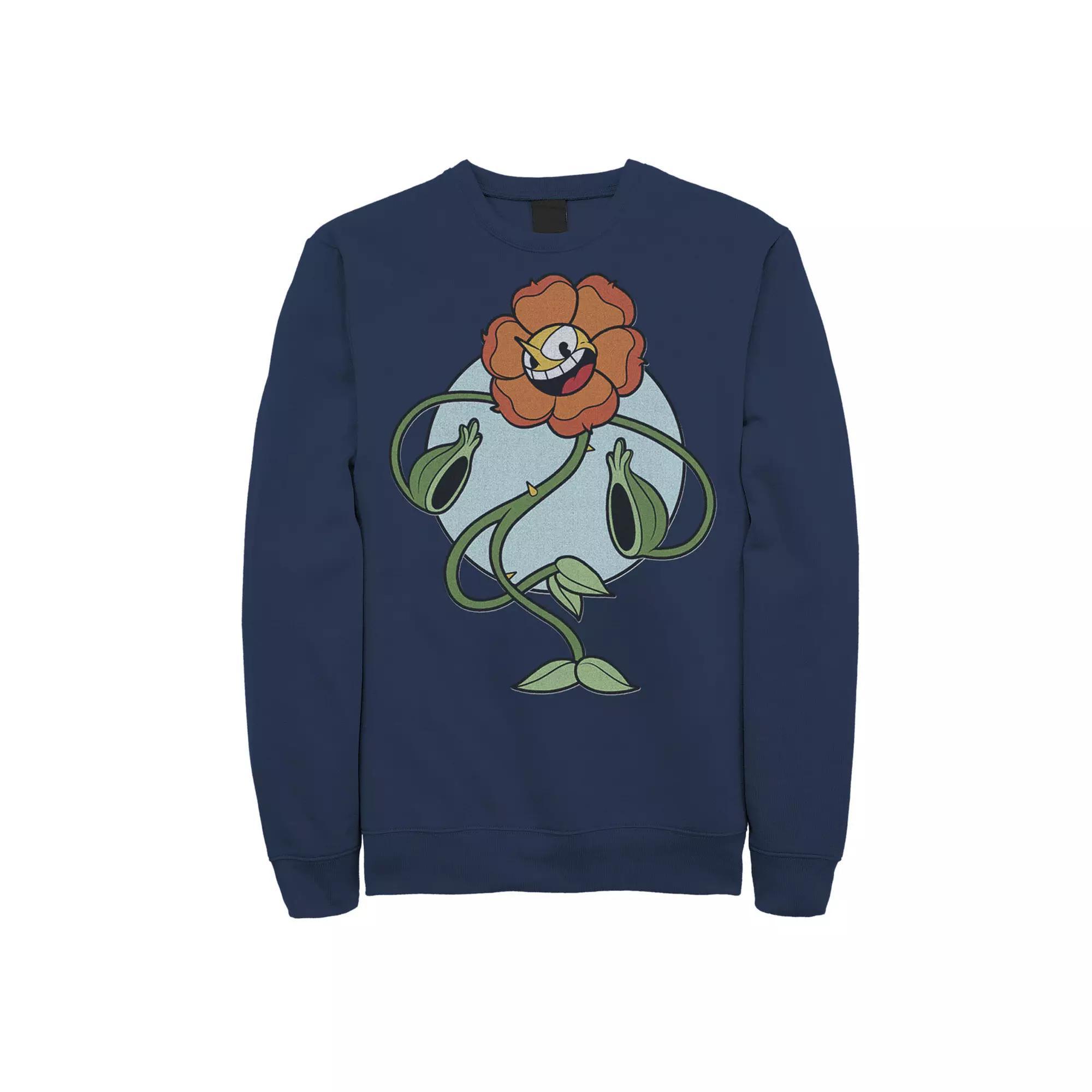 Men's Cuphead Cagney Flower Pose Graphic Fleece Pullover, Size: Small, Blue Product Image