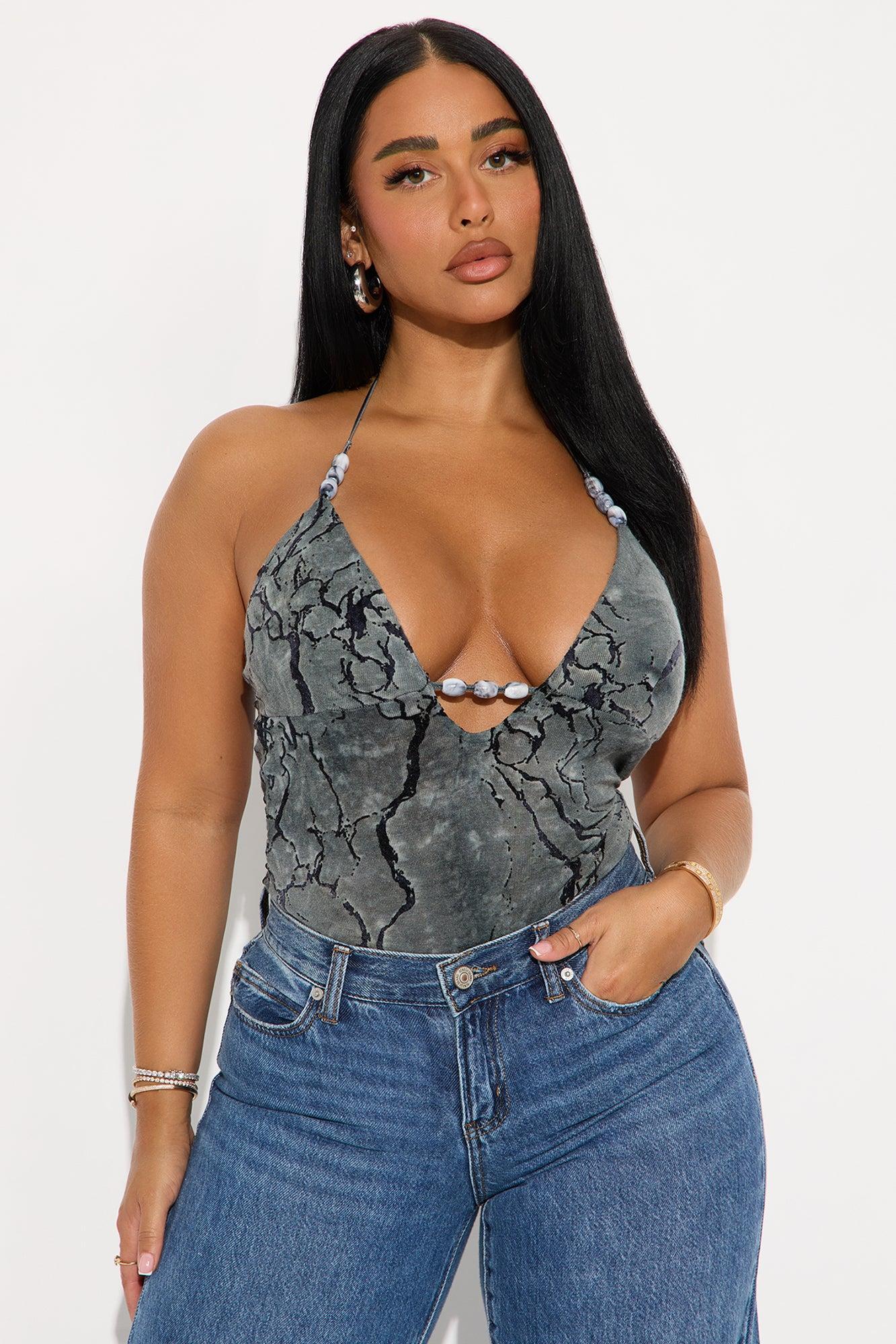 Enchanted Whisper Flocked Halter Bodysuit - Charcoal Product Image