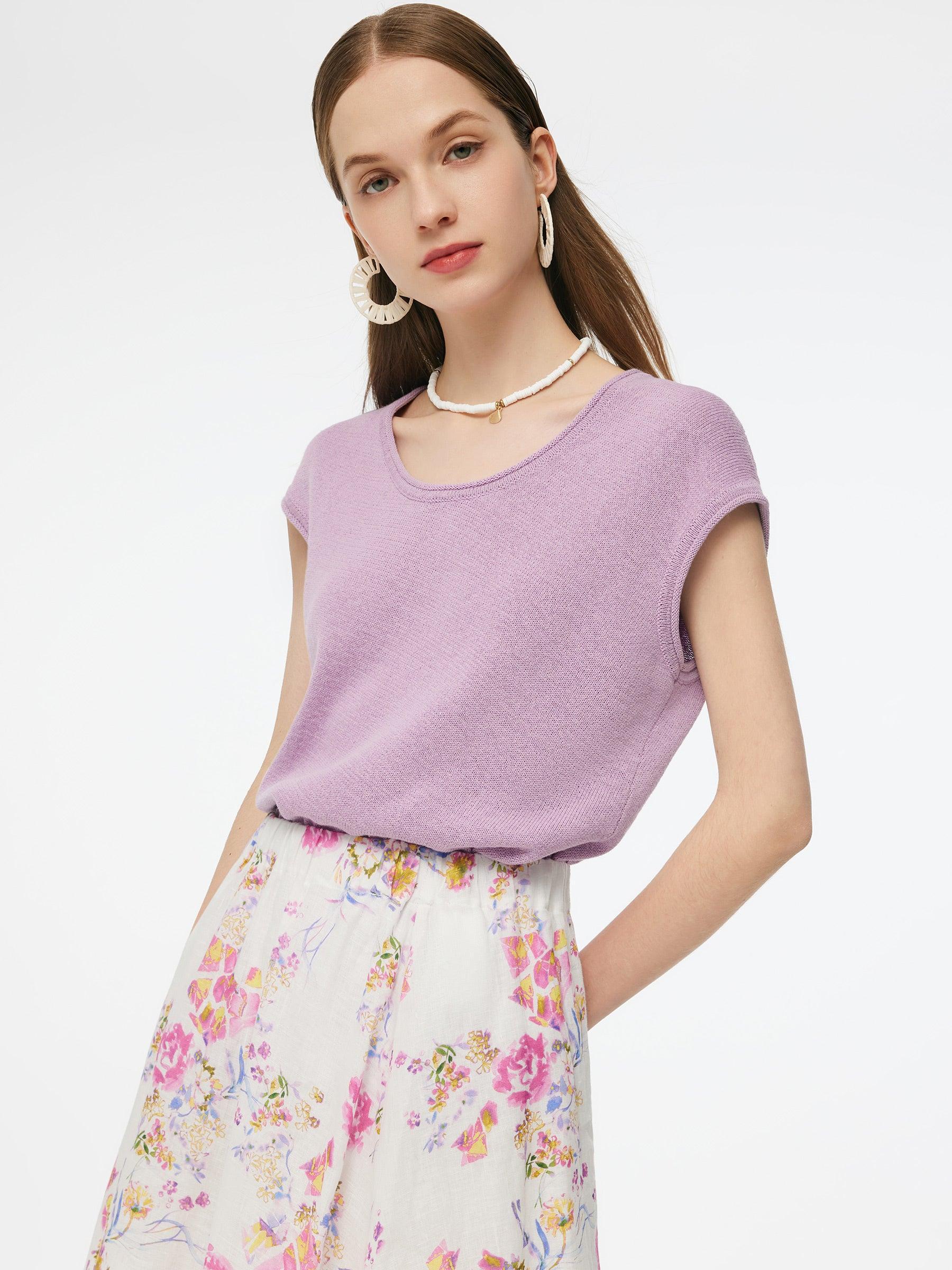 Linen Cotton Blend Asymmetric Hem Women Knit Top Product Image