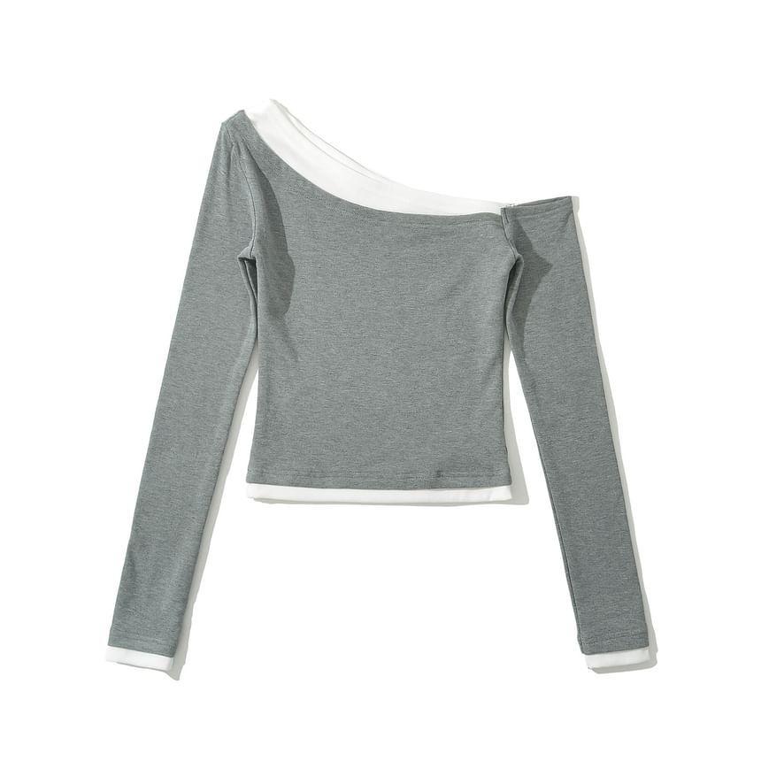 Long-Sleeve Off-Shoulder Mock Two-Piece Two Tone Slim Fit Crop Top Product Image