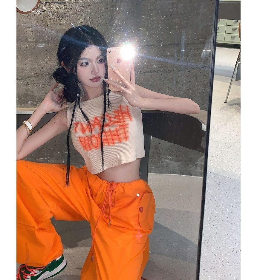 Round Neck Lettering Print Crop Tank Top / Drawstring Waist Plain Wide Leg Cargo Pants Product Image