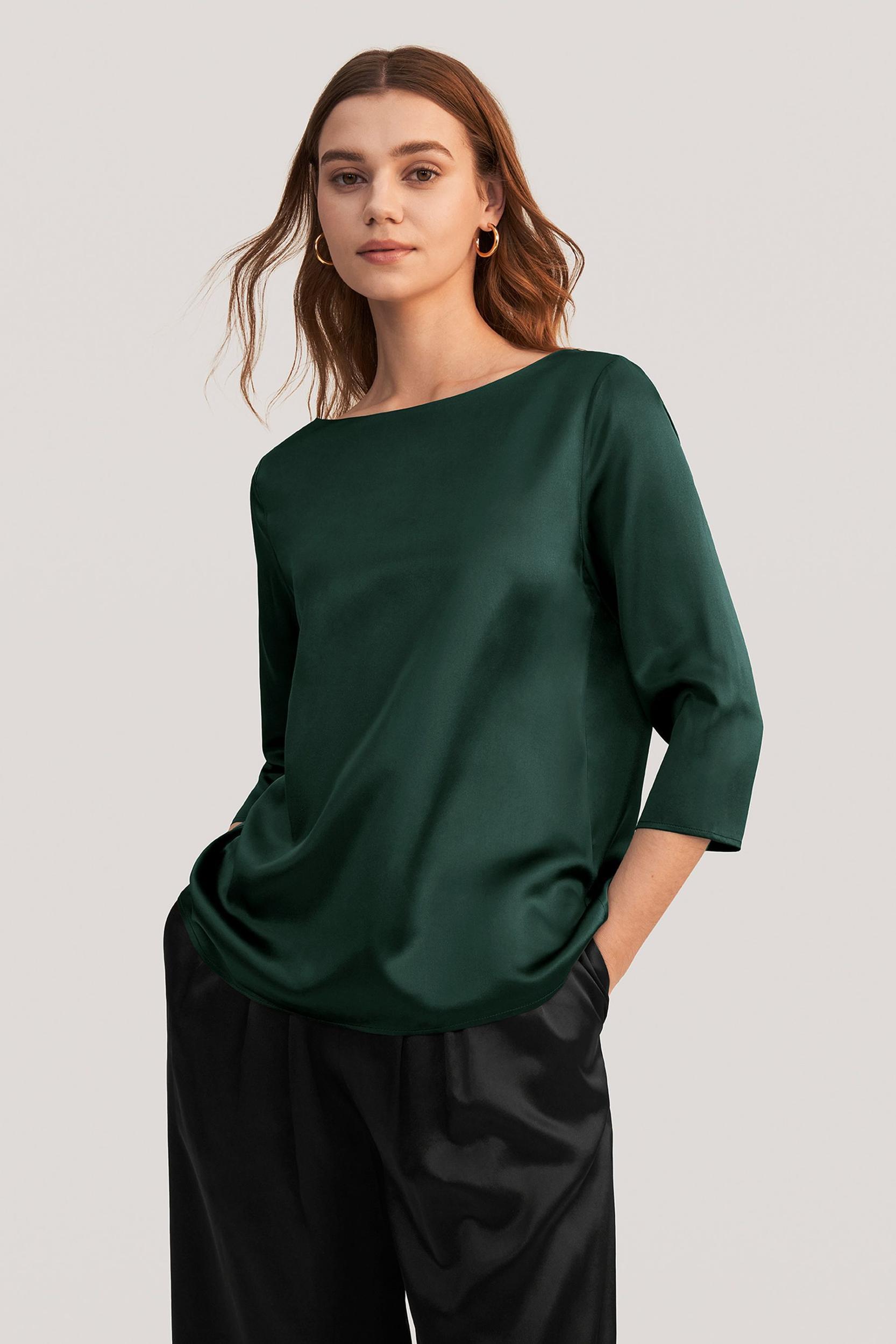3/4 Sleeve Boat Neck Silk Blouse Product Image