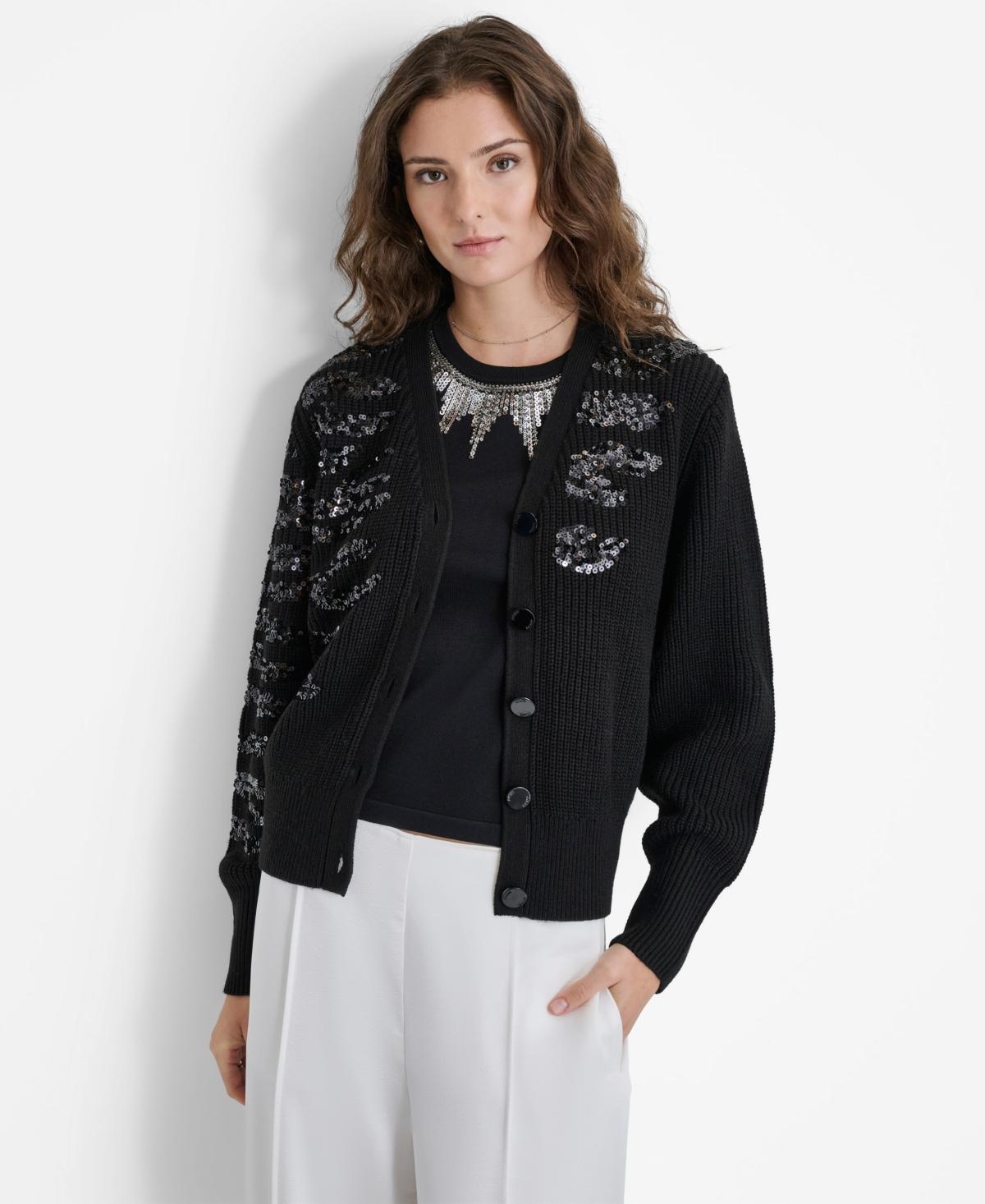 Dkny Womens Animal-Sequin Rib-Knit Button-Up Cardigan Product Image