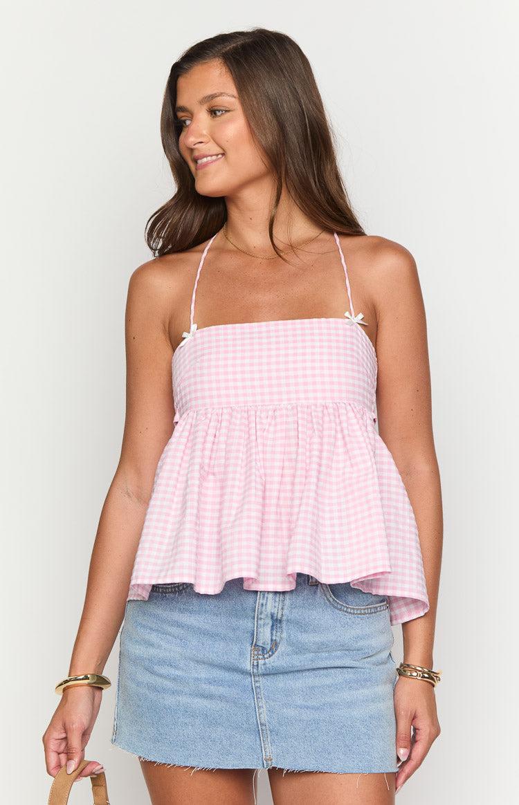 Aspen Pink Gingham Halter Top Girls Product Image