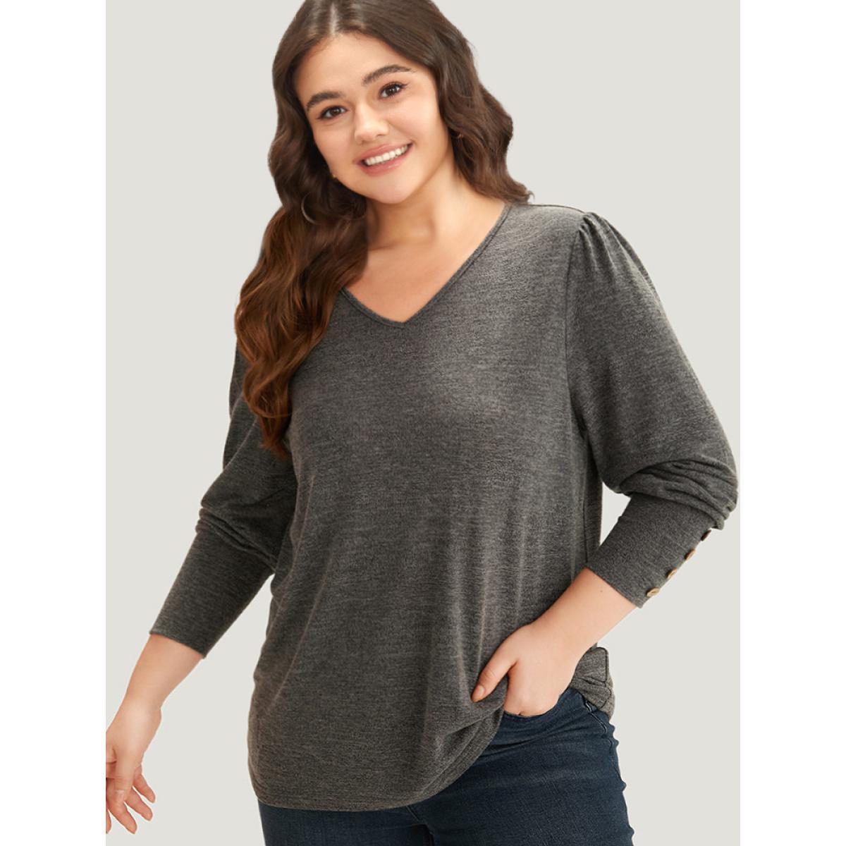Plus Size Plain Heather Elastic Cuffs Button Detail T-shirt Gray Women Casual Elastic cuffs Plain V-neck Dailywear T-shirts BloomChic 10/M Product Image