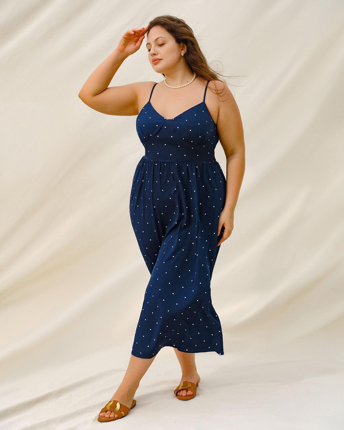 Navy Polka Dot Plus Size Slip Midi Dress Product Image