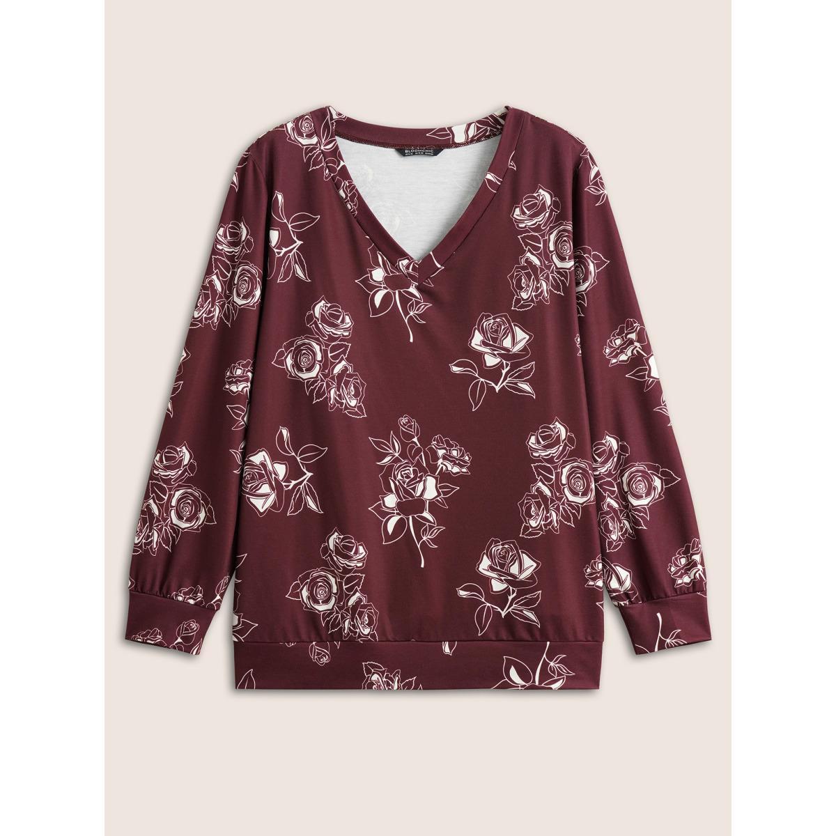 Plus Size Silhouette Floral Rose Print V Neck Sweatshirt Women Burgundy Casual Non V-neck Everyday Sweatshirts BloomChic 18-20/2X Product Image