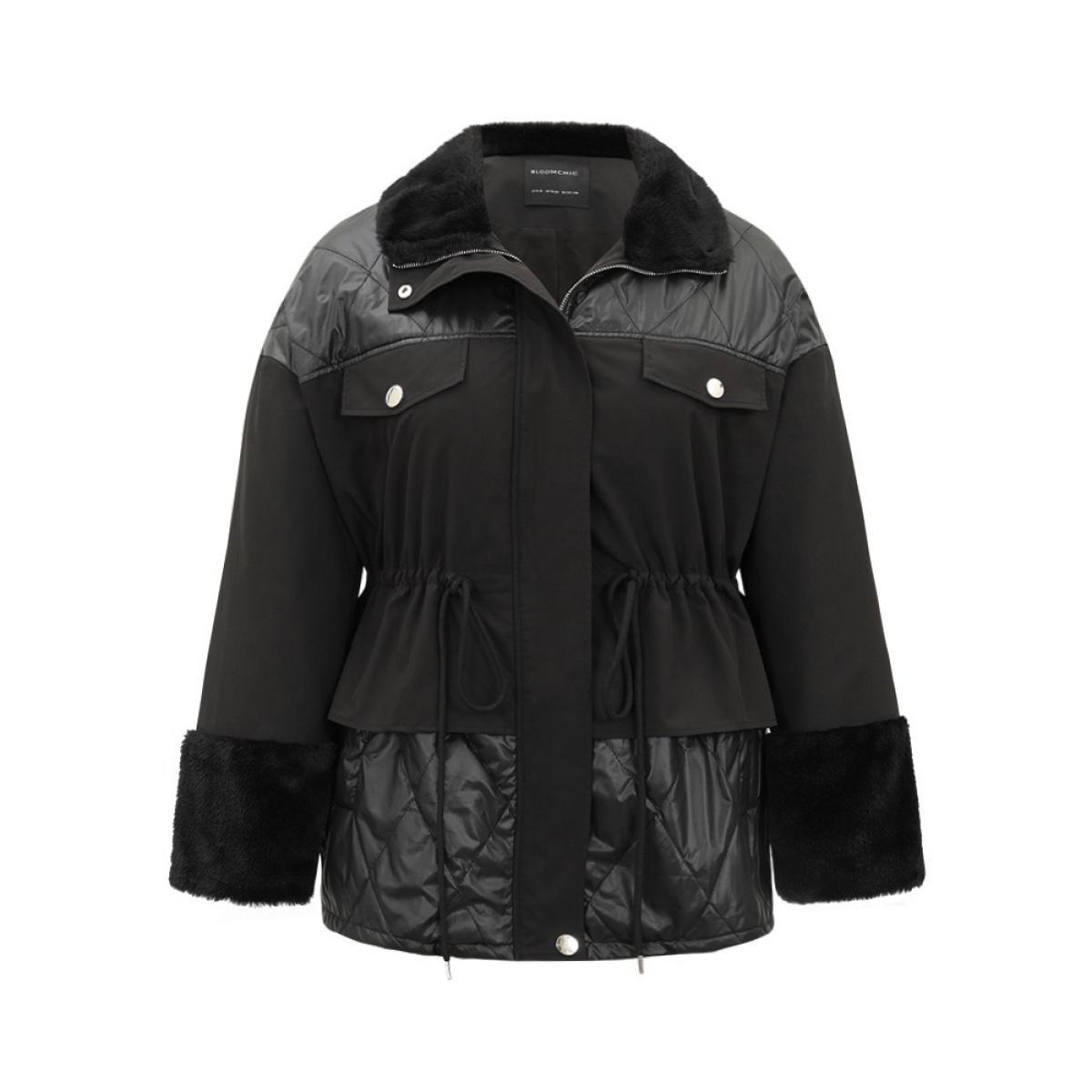 Plus Size Patchwork Fuzzy Drawstring Pocket Quilted Coat Women Black Casual Zipper Ladies Dailywear Winter Coats BloomChic 10/M Product Image