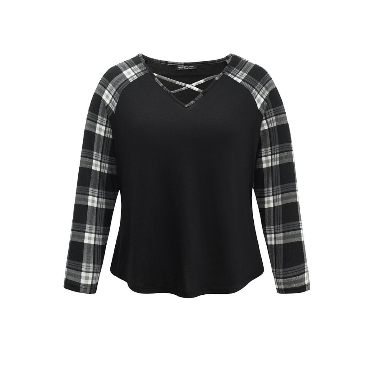 Plus Size Plaid Patchwork Raglan Sleeve Crisscross T-shirt Black Women Casual Patchwork Plaid V-neck Dailywear T-shirts BloomChic 14-16/1X Product Image