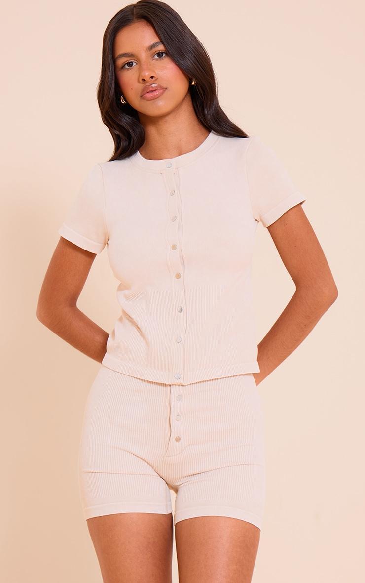 Petite Stone Snatched Rib Short Sleeve Popper Top Product Image