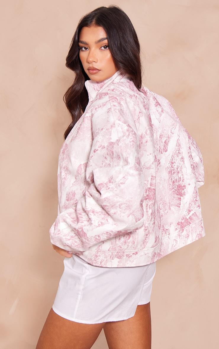 Pink Printed Textured Faux Leather Oversized Bomber Jacket Product Image