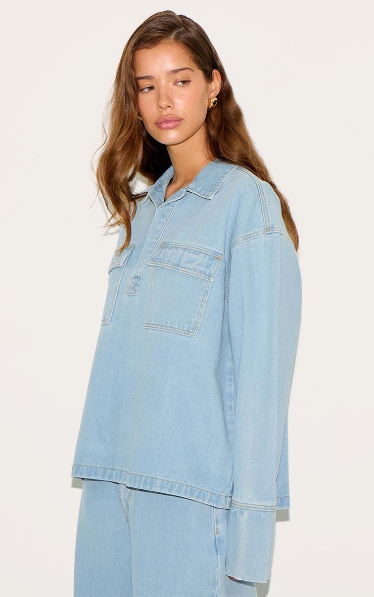 Light Blue Long Sleeve Slouchy Denim Rugby Shirt Product Image